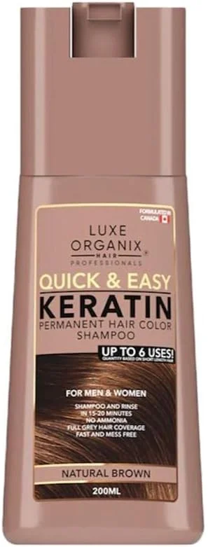 شامپو رنگ موی دائمی کراتینه سریع و آسان Luxe Organix، تا 6 بار استفاده برای آقایان و بانوان (قهوه ای طبیعی) شامپو رنگ موی دائمی کراتینه سریع و آسان Luxe Organix، تا 6 بار استفاده برای آقایان و بانوان (قهوه ای طبیعی)