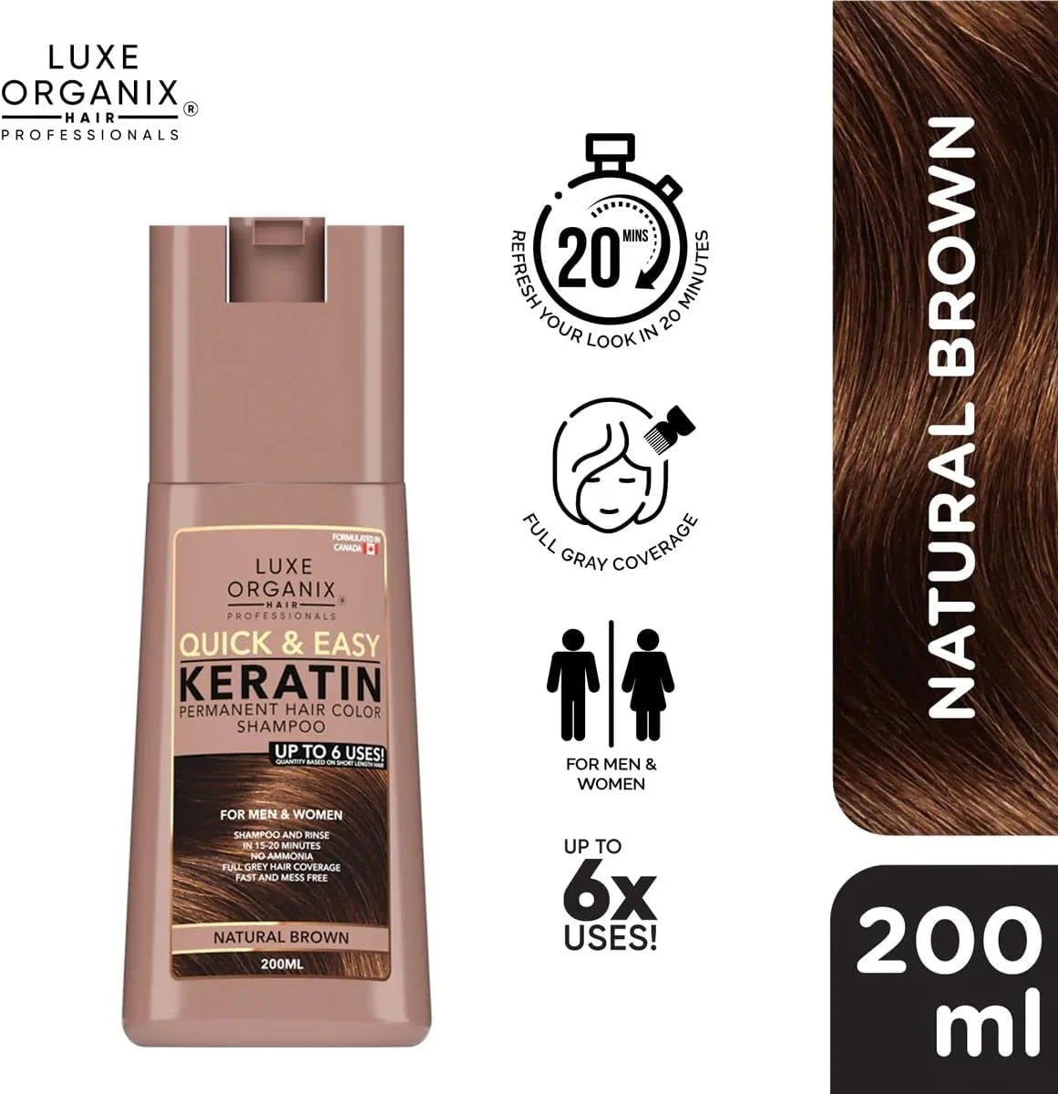 شامپو رنگ موی دائمی کراتینه سریع و آسان Luxe Organix، تا 6 بار استفاده برای آقایان و بانوان (قهوه ای طبیعی) شامپو رنگ موی دائمی کراتینه سریع و آسان Luxe Organix، تا 6 بار استفاده برای آقایان و بانوان (قهوه ای طبیعی)