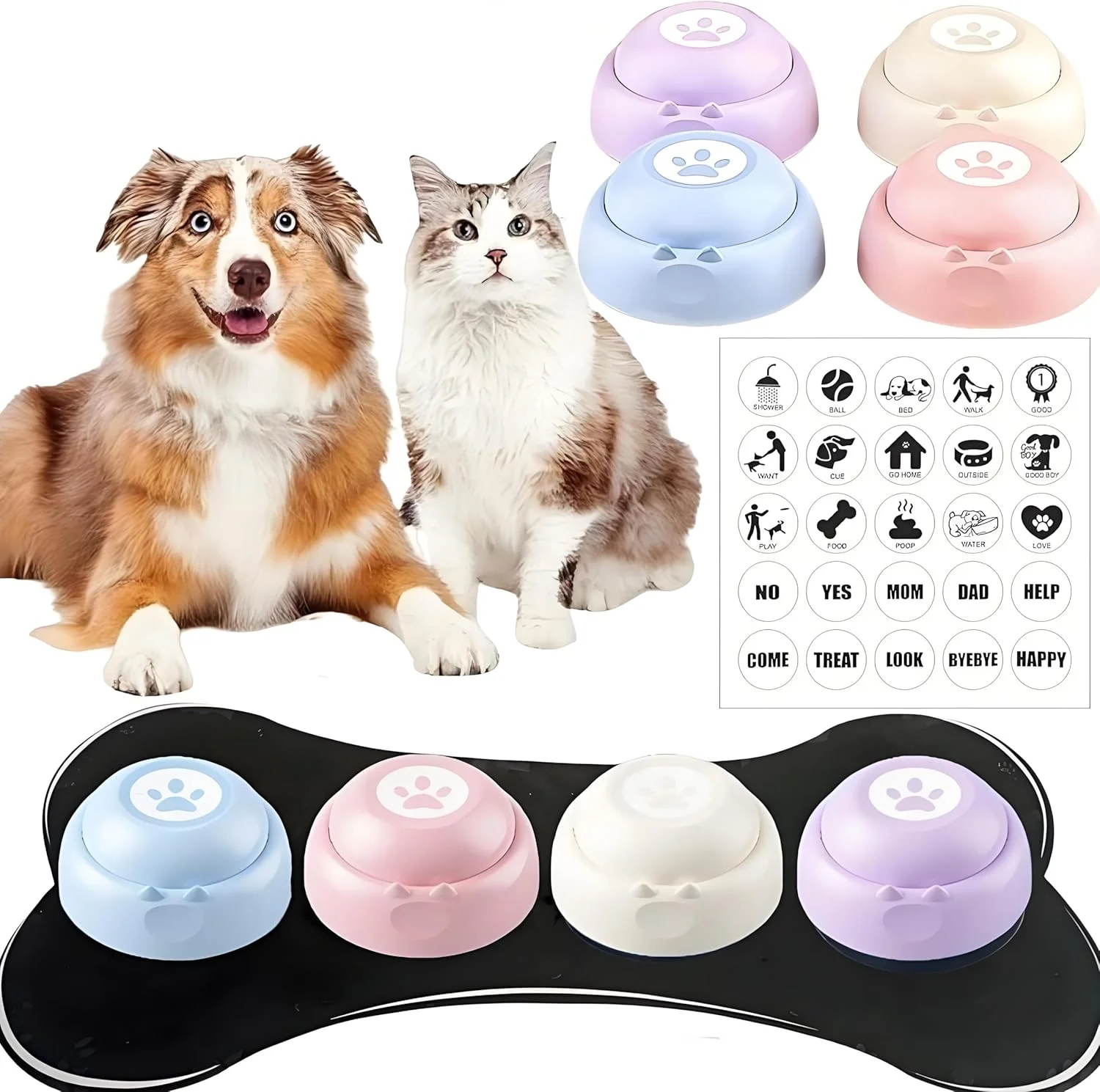 دکمه های سگ LBOYLOVE® برای ارتباط - دکمه های سخنگوی سگ قابل ضبط با ضبط کننده صدا و زنگ - مجموعه 4 عددی با پد ضد لغزش، ABS بادوام، ضبط 30 ثانیه ای - ایده آل برای ارتباط سگ و گربه