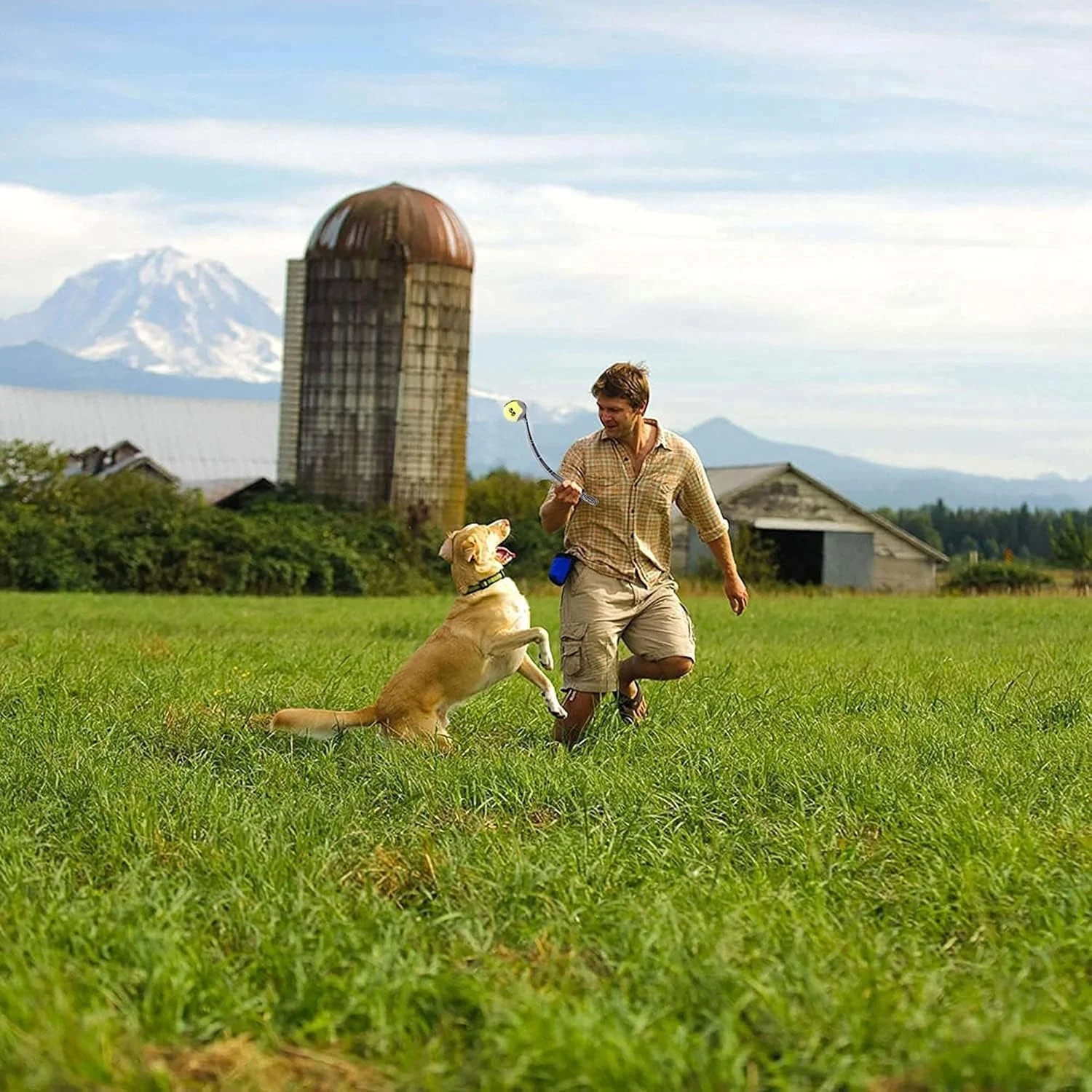 پرتابگر توپ برای سگ ها، بازی برای حیوانات، پرتابگر توپ + توپ تنیس برای بازی حیوانات خانگی | 50 سانتی متر | اسباب بازی سگ | مناسب برای داخل و خارج از خانه، تمرین بازی با توپ های تنیس و چرمی [خاکستری سبز]