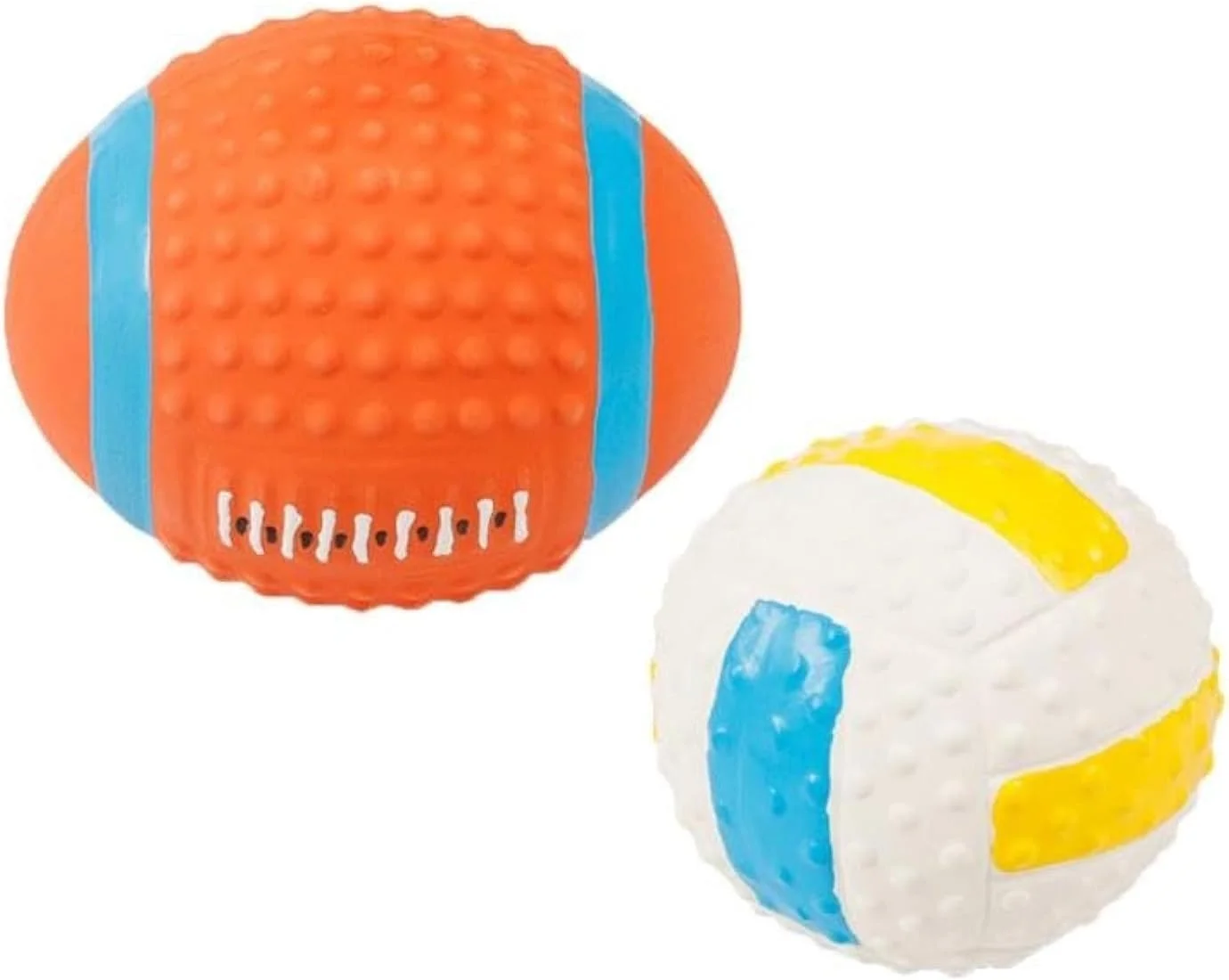 توپ های اسباب بازی سگ خزنه - اسباب بازی های جیر جیر سگ - اسباب بازی های جویدنی برای توله سگ ها و سگ های جوان - همه نژادها - بسته 4 عددی (توپ فوتبال زرد، والیبال، فوتبال آمریکایی، توپ فوتبال آبی)