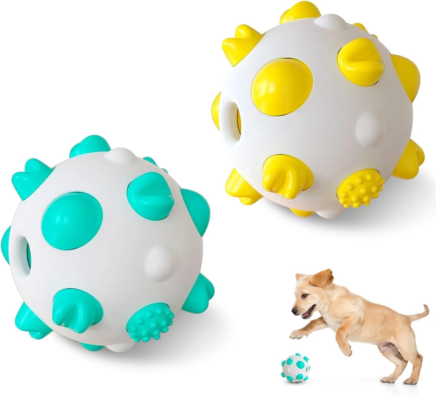 توپ بازی تعاملی سگ برای تمیز کردن دندان، توپ اسباب بازی سگ کوچک و متوسط Azonee برای جویدن، کاهش استرس و سرگرمی، توپ حیوان خانگی Peppy برای ورزش (آبی + زرد) - بسته 2 عددی