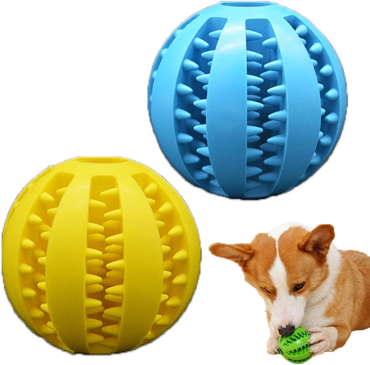 توپ اسباب بازی سگ hzkais، توپ غذای لاستیکی سگ، توپ اسباب بازی تمیز کننده دندان سگ 5 سانتی متری، توپ اسباب بازی تعاملی سگ، توپ آموزشی سگ برای سگ های کوچک تا متوسط (آبی و زرد) - 2 عدد