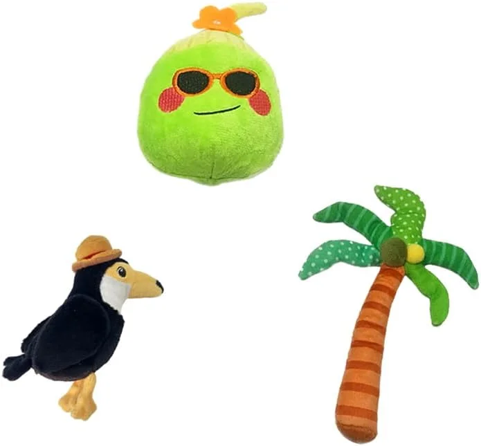 ست اسباب بازی پولیشی سگ مدل هات تومیتو، 3 عددی، سری جنگل های بارانی استوایی کارتونی، اسباب بازی های جویدنی نرم و تعاملی برای توله سگ، سگ های کوچک و متوسط، دارای صدا