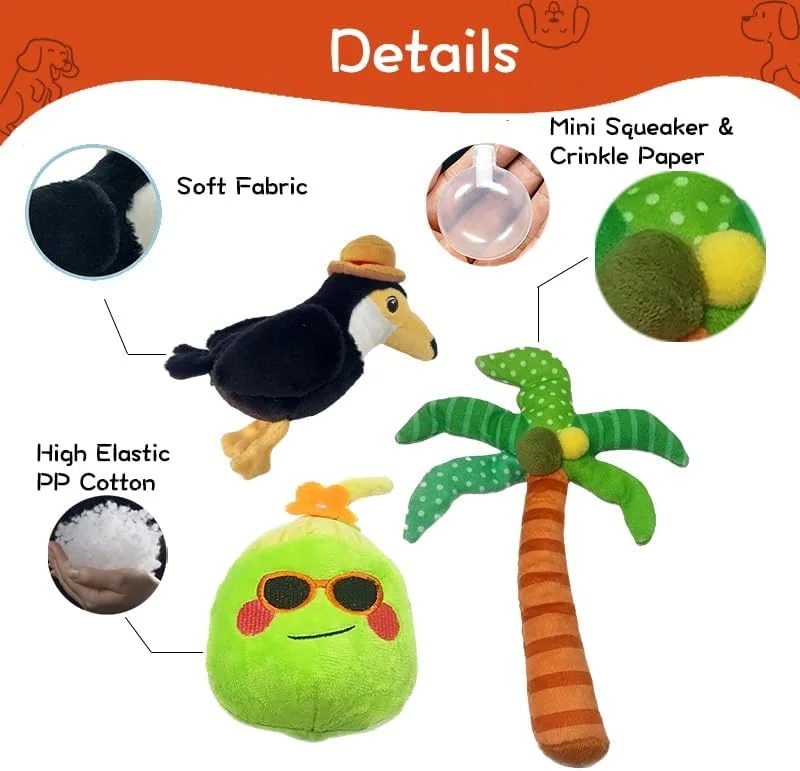 ست اسباب بازی پولیشی سگ مدل هات تومیتو، 3 عددی، سری جنگل های بارانی استوایی کارتونی، اسباب بازی های جویدنی نرم و تعاملی برای توله سگ، سگ های کوچک و متوسط، دارای صدا ست اسباب بازی پولیشی سگ مدل هات تومیتو، 3 عددی، سری جنگل های بارانی استوایی کارتونی، اسباب بازی های جویدنی نرم و تعاملی برای توله سگ، سگ های کوچک و متوسط، دارای صدا