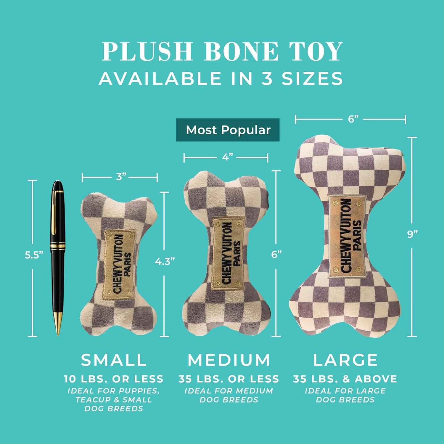 استخوان جویدنی طرح شطرنجی Chewy Vuiton از Haute Diggity Dog، اسباب بازی های سگ طراح پولیشی با صدای جیر جیر تعاملی، محرک غنی سازی حیوانات خانگی، قابل شستشو در ماشین لباسشویی و مواد ایمن برای همه نژادها، سایز متوسط
