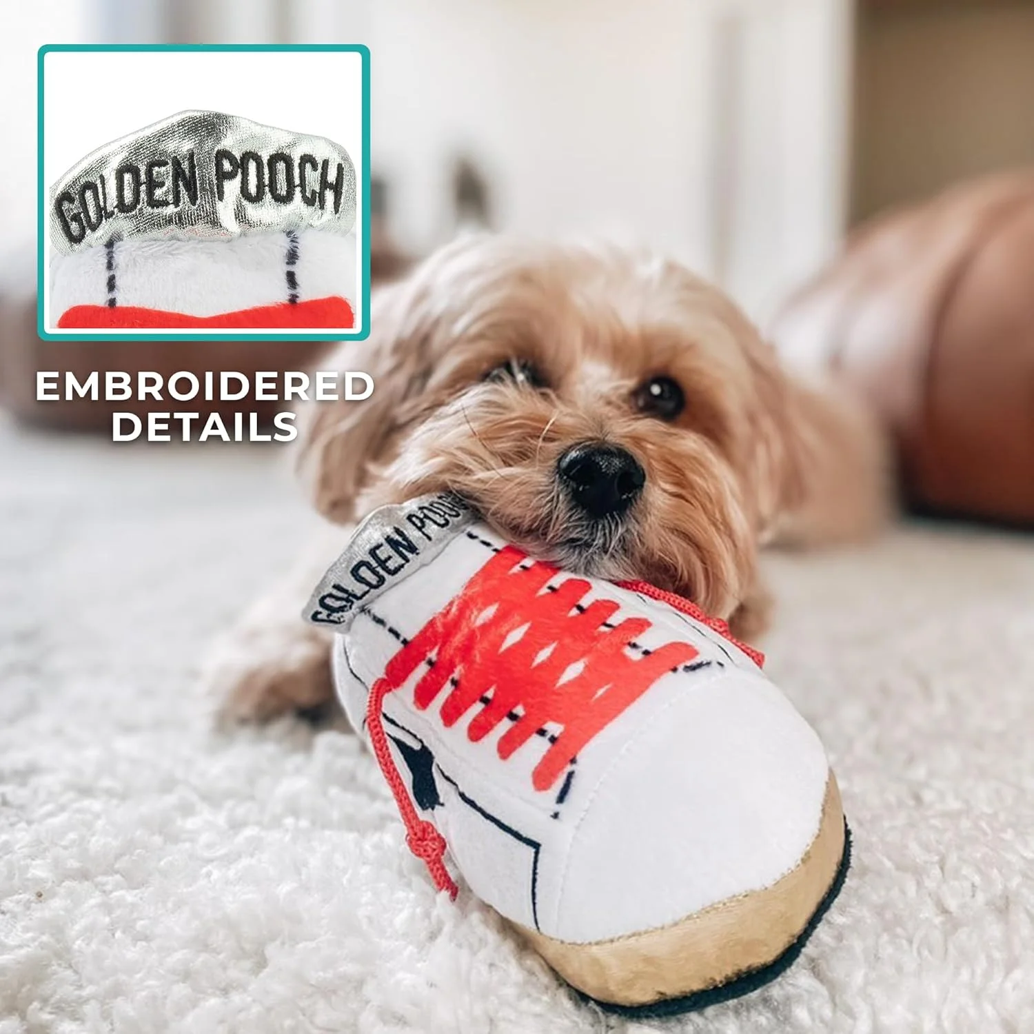 کفش تنیس سگ طلایی اورجینال Haute Diggity Dog، اسباب بازی های سگ طراح مخمل دار با صدای جیر جیر تعاملی، غنی سازی حیوانات خانگی محرک، مواد قابل شستشو در ماشین لباسشویی و ایمن برای همه نژادها، یک سایز