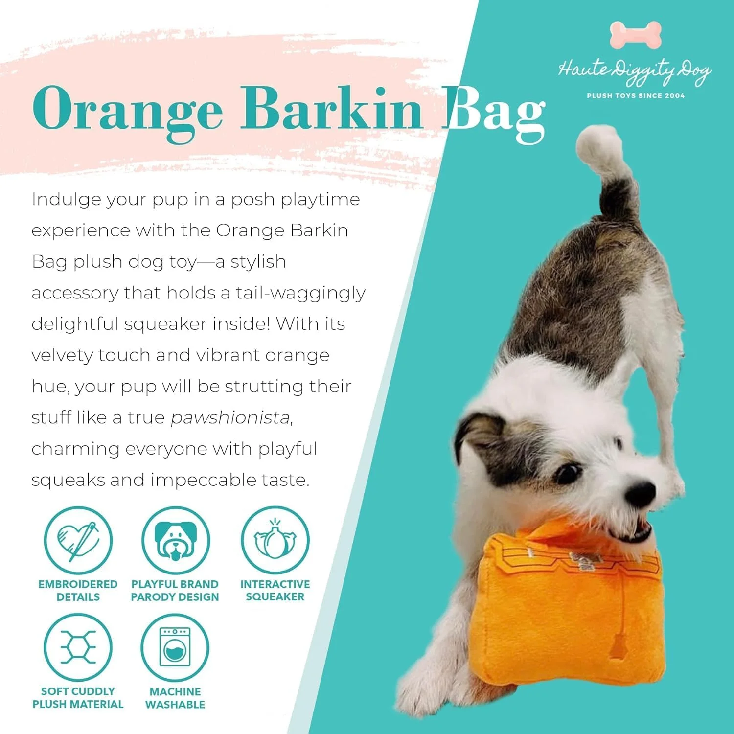 اسباب بازی سگ پاکتی Barkin Bag از Haute Diggity Dog، اسباب بازی های پولیشی طرح دار سگ با صدای جیر جیر تعاملی، محرک غنی سازی حیوانات خانگی، قابل شستشو در ماشین لباسشویی و مواد ایمن برای همه نژادها، یک سایز