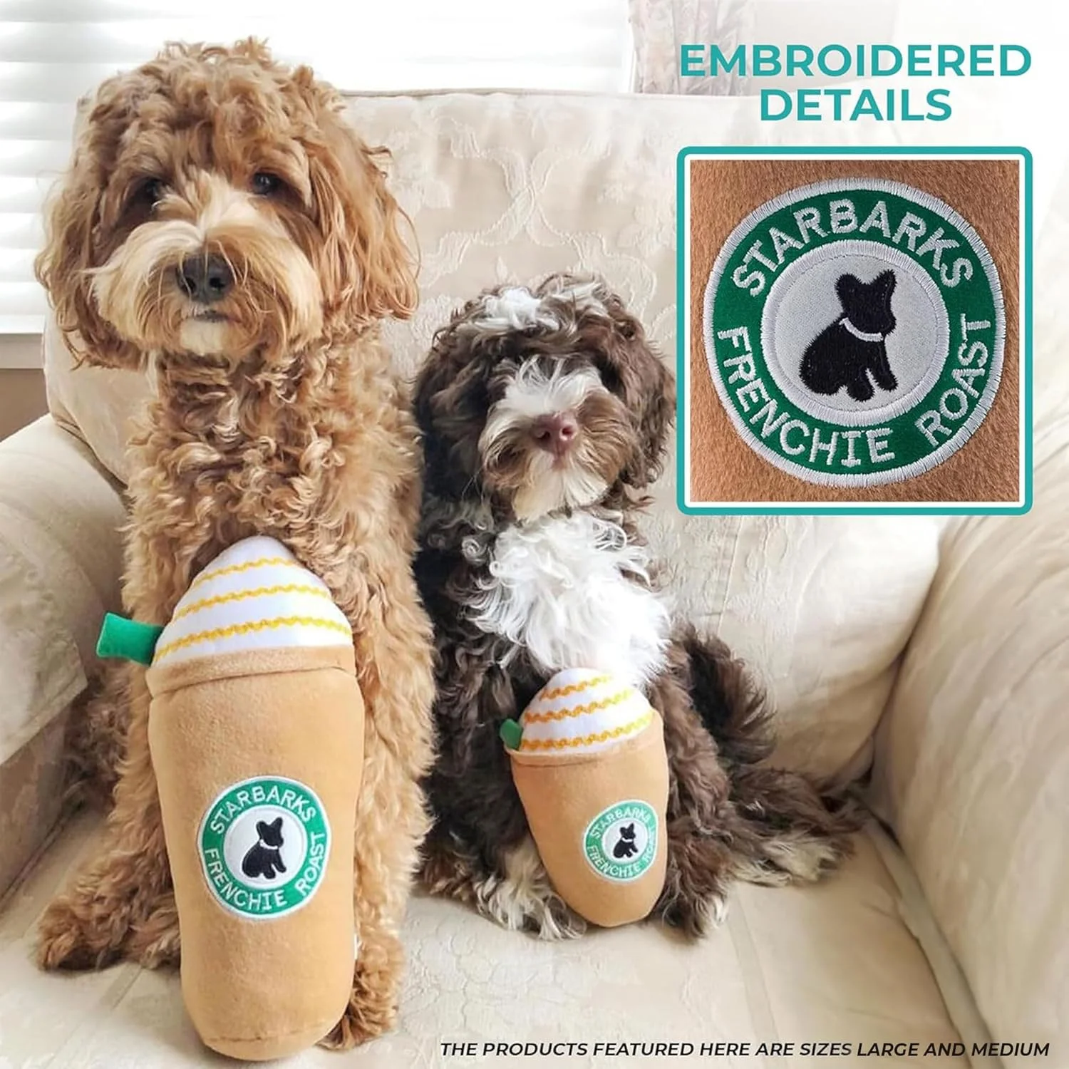 اسباب بازی سگ پولیشی دیزاینر Haute Diggity Dog طرح Starbarks Frappawcino، دارای صدای تعاملی، محرک غنی سازی حیوانات خانگی، قابل شستشو در ماشین لباسشویی و مواد ایمن برای همه نژادها، سایز متوسط