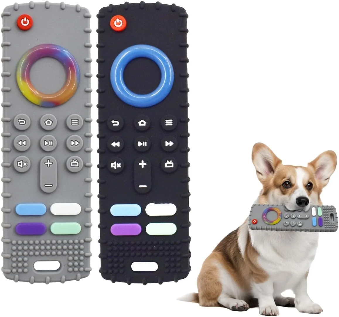 HAISENGO 2 عدد اسباب بازی دندانی توله سگ، اسباب بازی جویدنی سگ طرح کنترل از راه دور تلویزیون برای سگ های کوچک و توله سگ ها، اسباب بازی های تعاملی دندان درآوردن برای آموزش سگ و تمیز کردن دندان (مشکی و خاکستری)