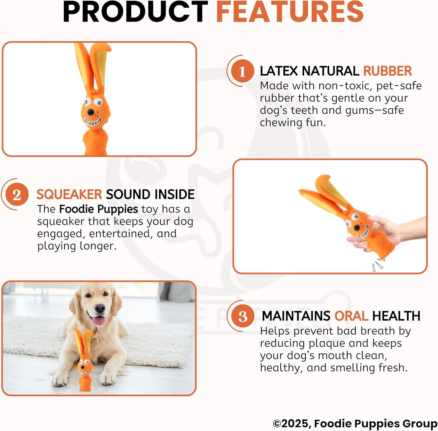 اسباب بازی سگ خرگوش نارنجی صدادار از جنس لاتکس طبیعی فودی پاپیز | مناسب سگ های کوچک تا متوسط و توله سگ | بادوام، طراحی حیوانات، اسباب بازی ایمن برای بازی و جویدن | کاهش اضطراب جدایی