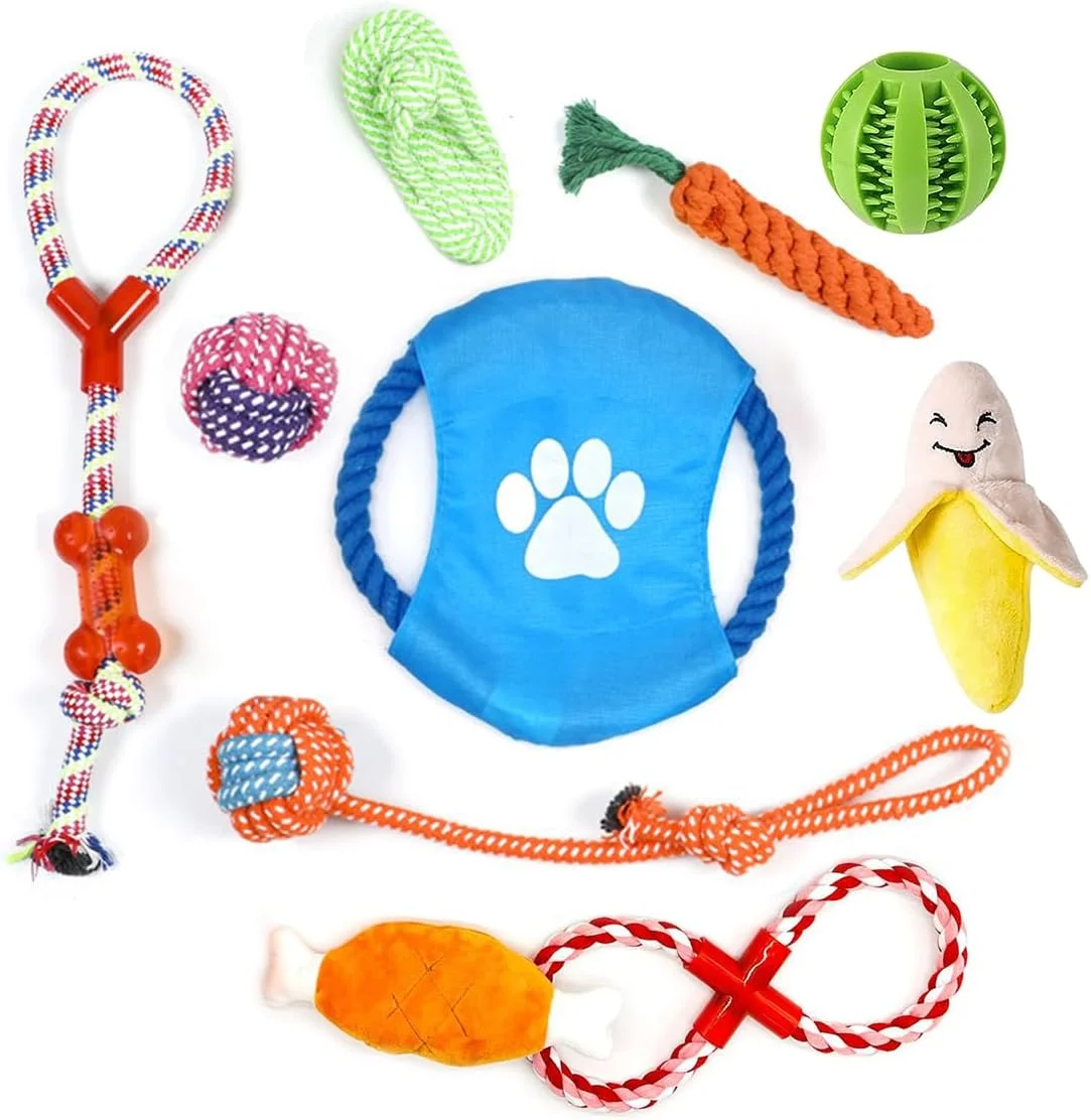 مجموعه 10 عددی اسباب بازی سگ ECVV برای جویدن تهاجمی، اسباب بازی های سگ جیرجیر کننده بامزه، اسباب بازی های طنابی بادوام برای سگ ها، توپ جایزه، اسباب بازی های جویدنی غیر سمی برای دندان درآوردن توله سگ