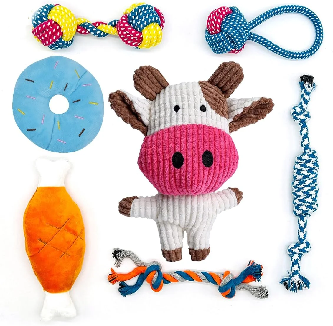 مجموعه هدیه 7 تکه اسباب بازی توله سگ ECVV برای دندان درآوردن سگ های کوچک، اسباب بازی های سگ جیر جیر دار زیبا، اسباب بازی های جویدنی تعاملی توله سگ، اسباب بازی های طنابی برای سگ ها، غیر سمی و ایمن