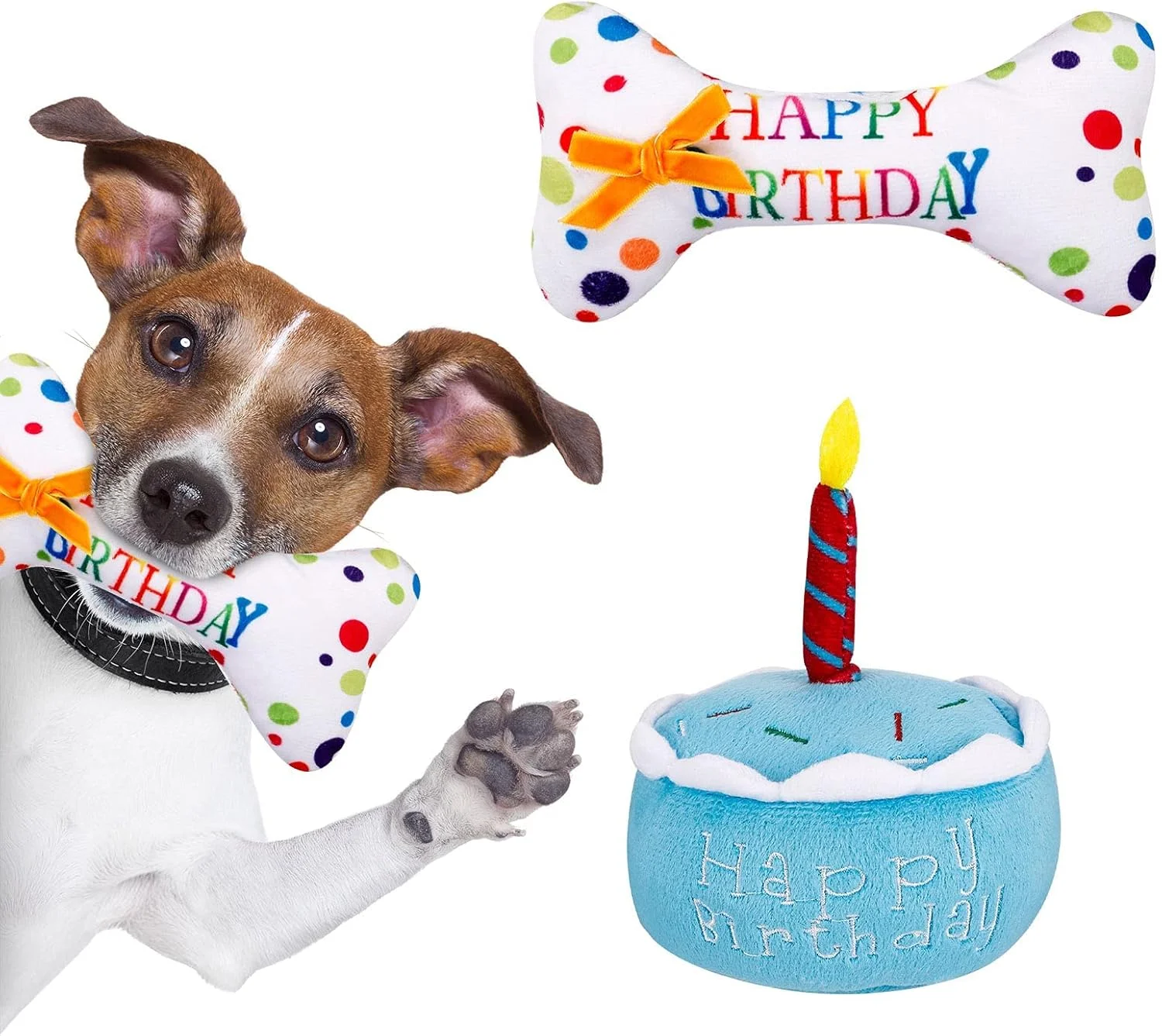 اسباب بازی سگ خانگی طرح کیک تولد و استخوان تولد، پولیشی نرم و صدادار - جشن تولد مبارک سگ شما (آبی)