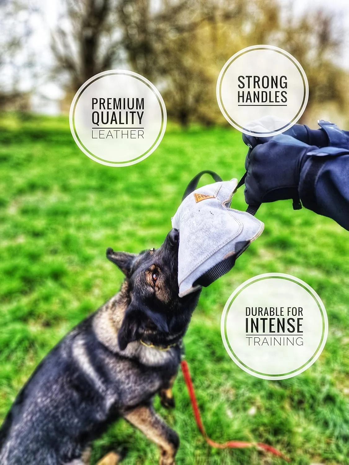 اسباب بازی طناب کشی گاز گرفتن سگ چرمی EQ K9 با کیفیت عالی، دارای 3 دسته محکم، بالش گاز گرفتن فوق العاده بادوام برای سگ های متوسط ​​تا بزرگ، بهترین برای طناب کشی، بازی تعاملی سگ، اسباب بازی کشیدنی، طناب کشی سگ