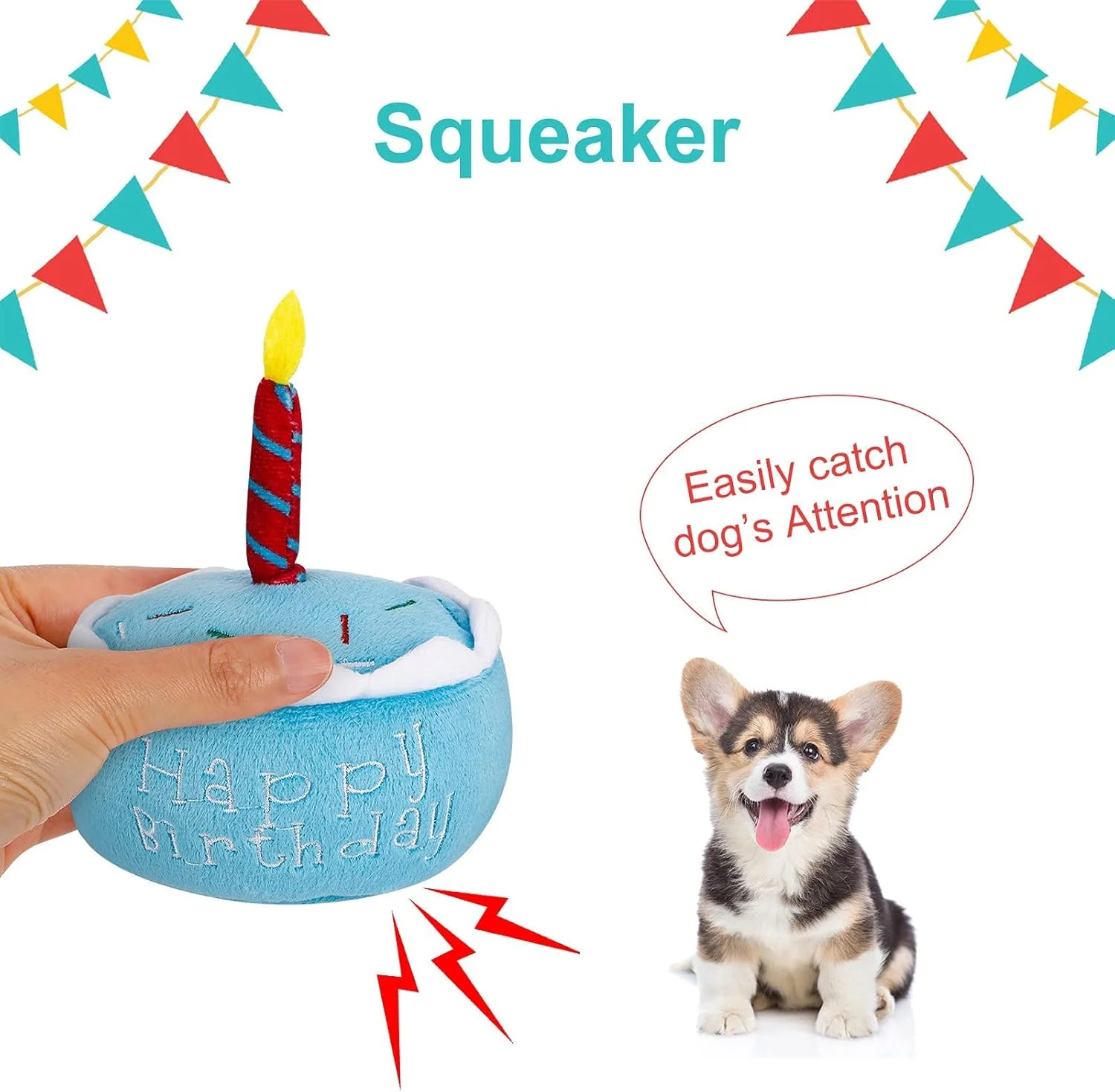 اسباب بازی سگ خانگی طرح کیک تولد و استخوان تولد، پولیشی نرم و صدادار - جشن تولد مبارک سگ شما (آبی)