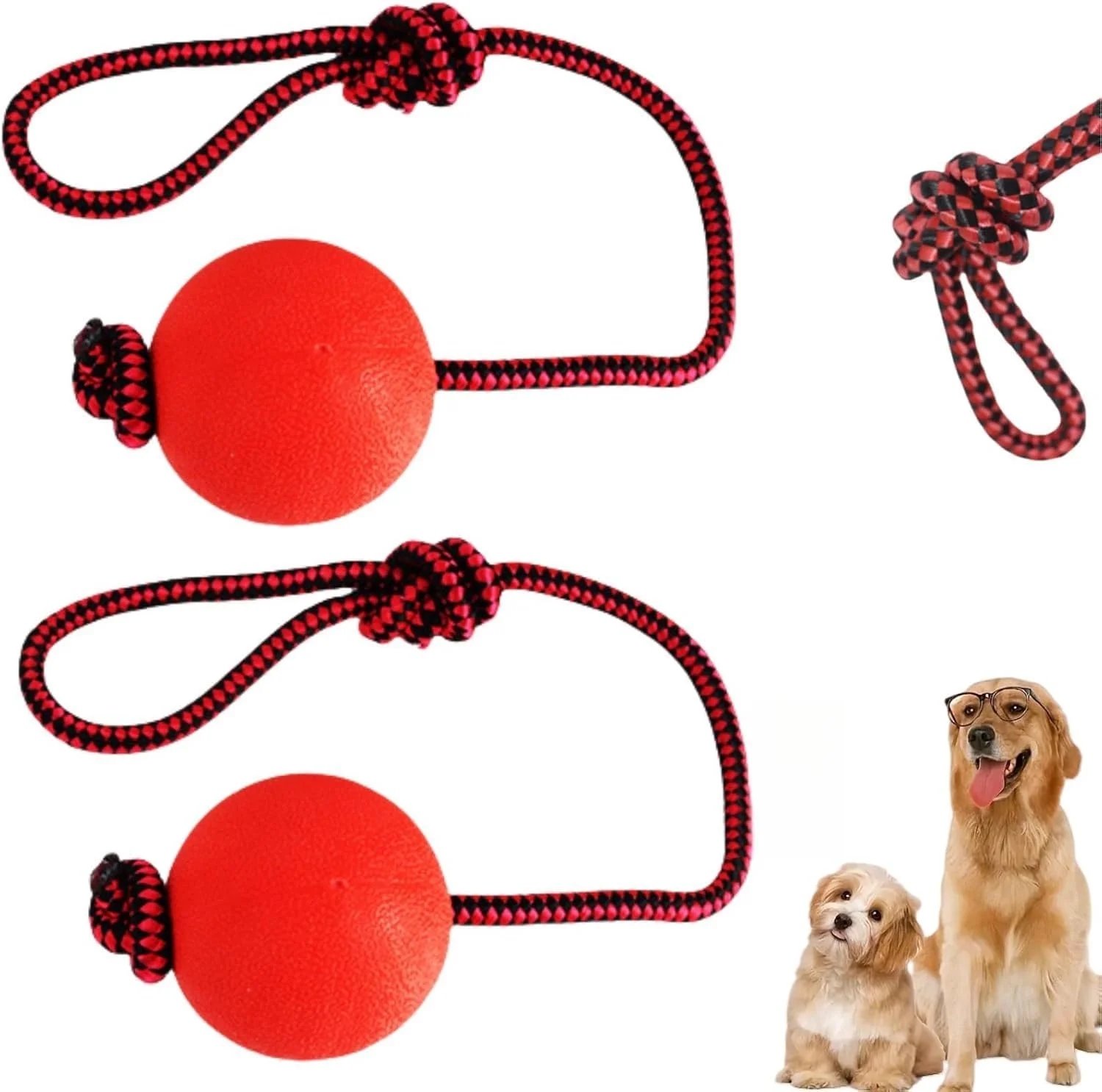 ست توپ طنابی سگ، اسباب بازی بادوام لاستیکی سگی روی طناب، توپ های جویدنی مقاوم برای سگ، اسباب بازی تعاملی کروی لاستیکی جامد، اسباب بازی طبیعی برای سگ (2 تکه، قرمز)