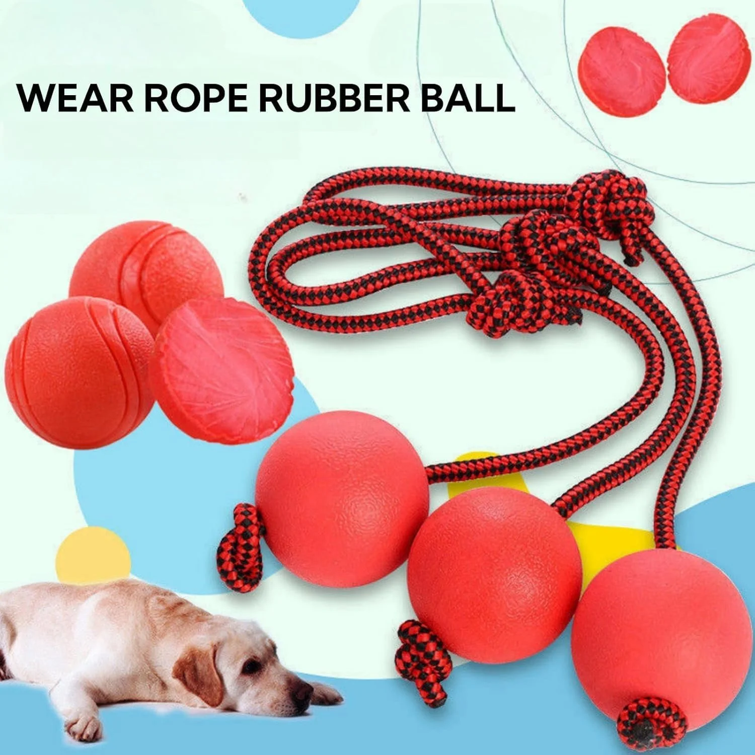 ست توپ طنابی سگ، اسباب بازی بادوام لاستیکی سگی روی طناب، توپ های جویدنی مقاوم برای سگ، اسباب بازی تعاملی کروی لاستیکی جامد، اسباب بازی طبیعی برای سگ (2 تکه، قرمز)