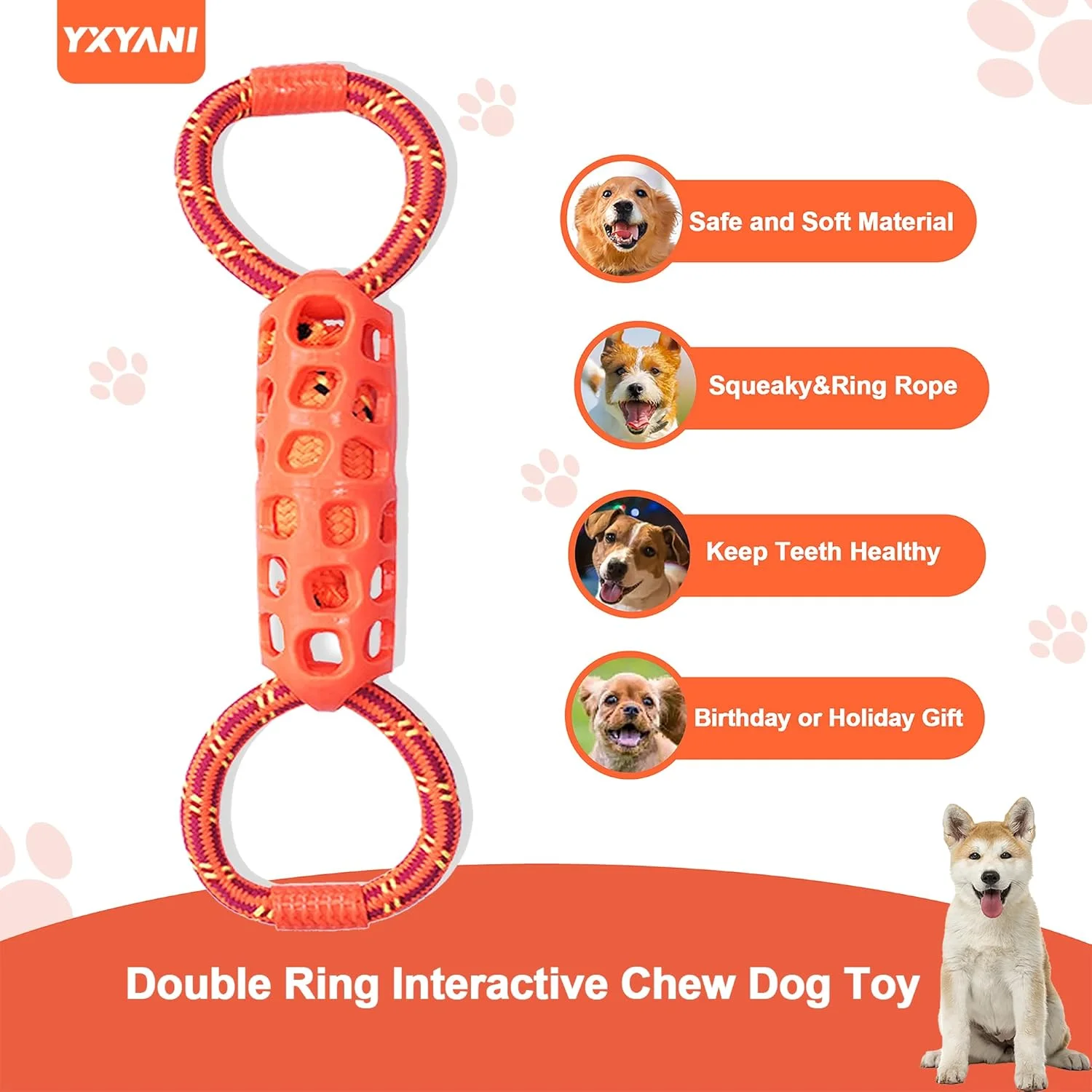 اسباب بازی طناب کشی سگ بادوام - طناب حلقه دوتایی مقاوم و اسباب بازی جویدنی لاستیکی با صدای جیر جیر، طناب کشی تعاملی برای سگ های بزرگ، بازی سنگین و تمیز کردن آسان (حلقه دوتایی)