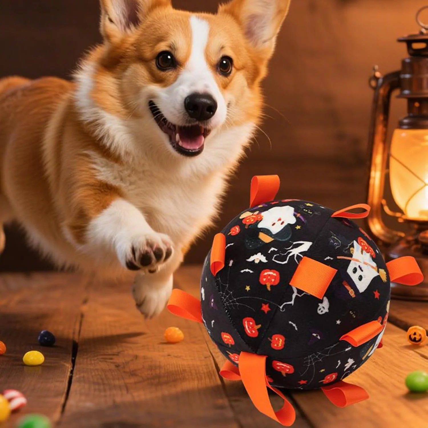 توپ فوتبال سگ | توپ فوتبال تعاملی حیوانات خانگی برای هالووین - اسباب بازی زنگوله آموزشی تعاملی برای تحریک تعقیب، رفع خستگی، بازی در خانه در هالووین
