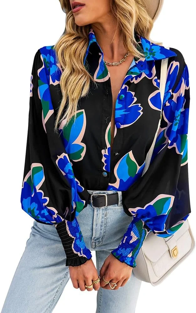 HIZIPOP بلوز زنانه دکمه دار طرح دار بوهو آستین فانوسی بلند گلدار