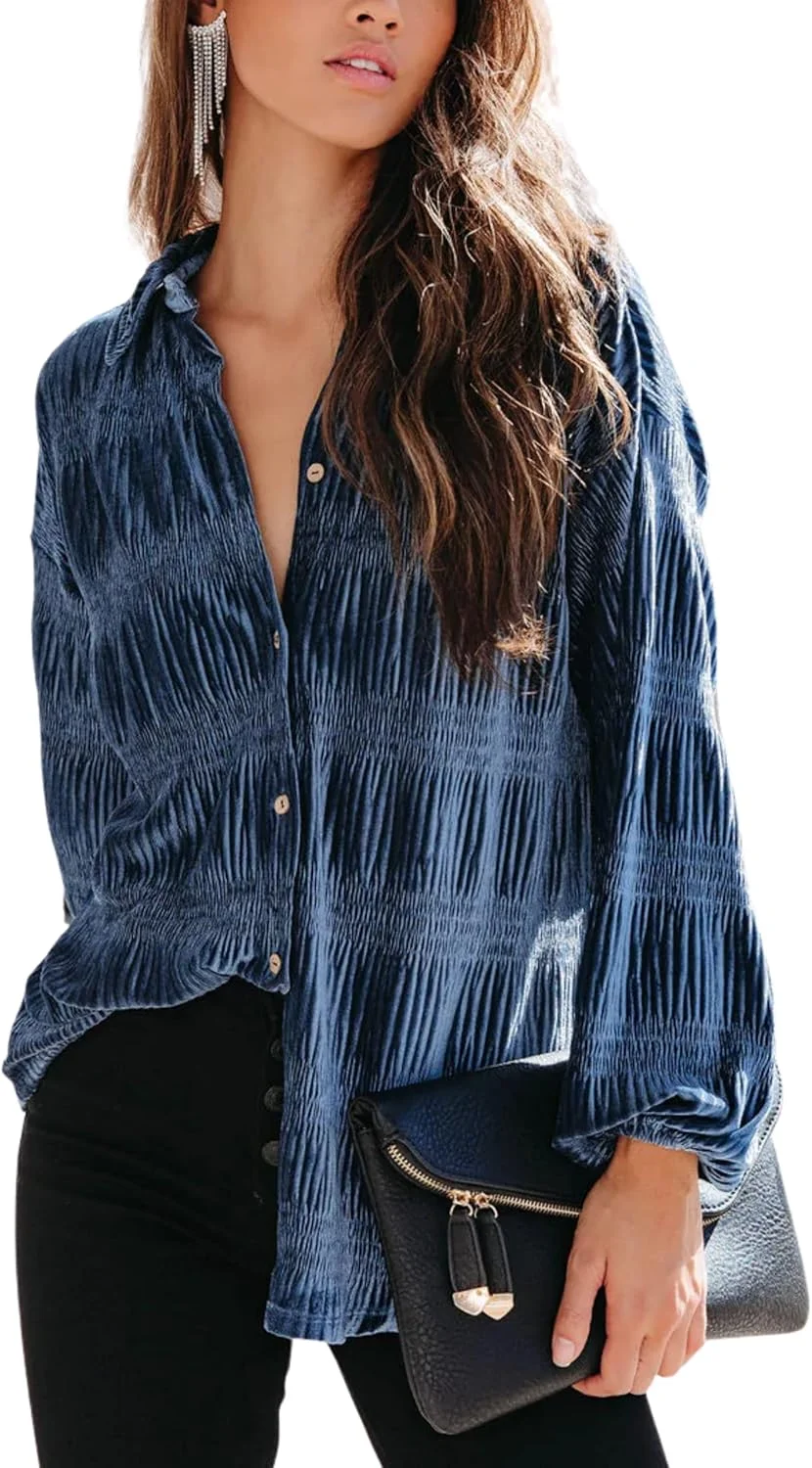 Himythe بلوز مخملی دکمه دار زنانه، آستین بلند، یقه دار