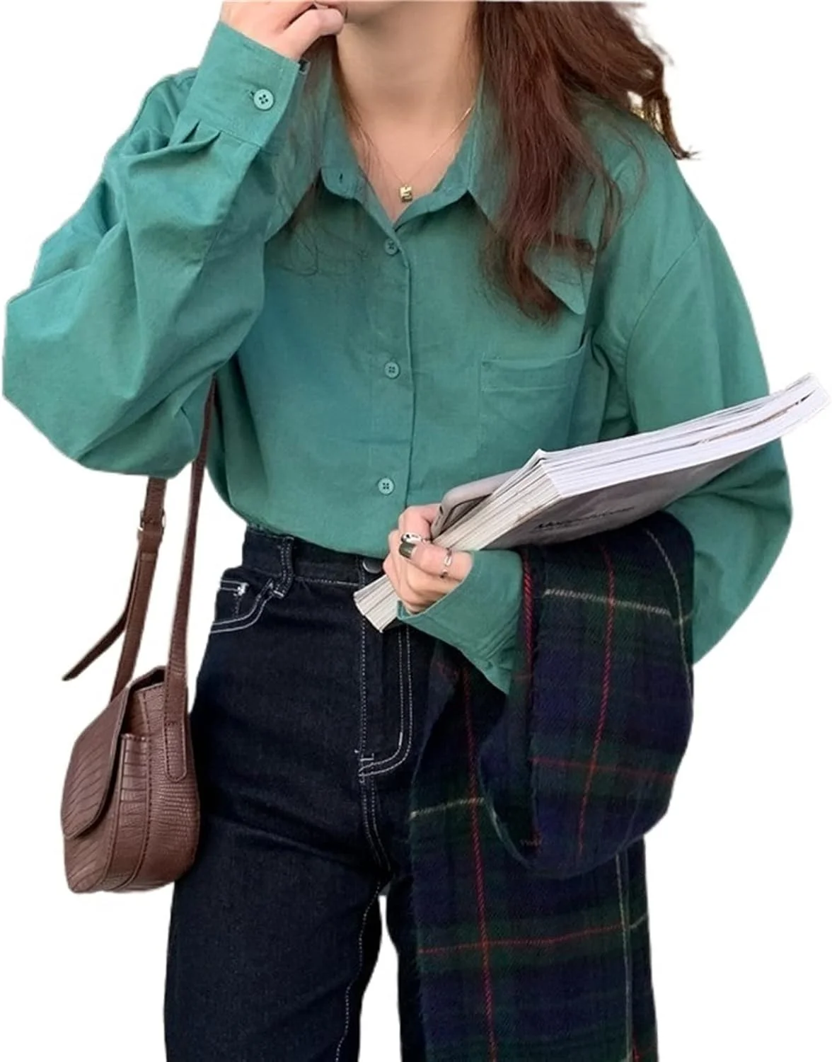 HHMMEDE بلوز و پیراهن زنانه، پیراهن های دکمه دار و آستین بلند با رنگ ثابت و مدل آزاد