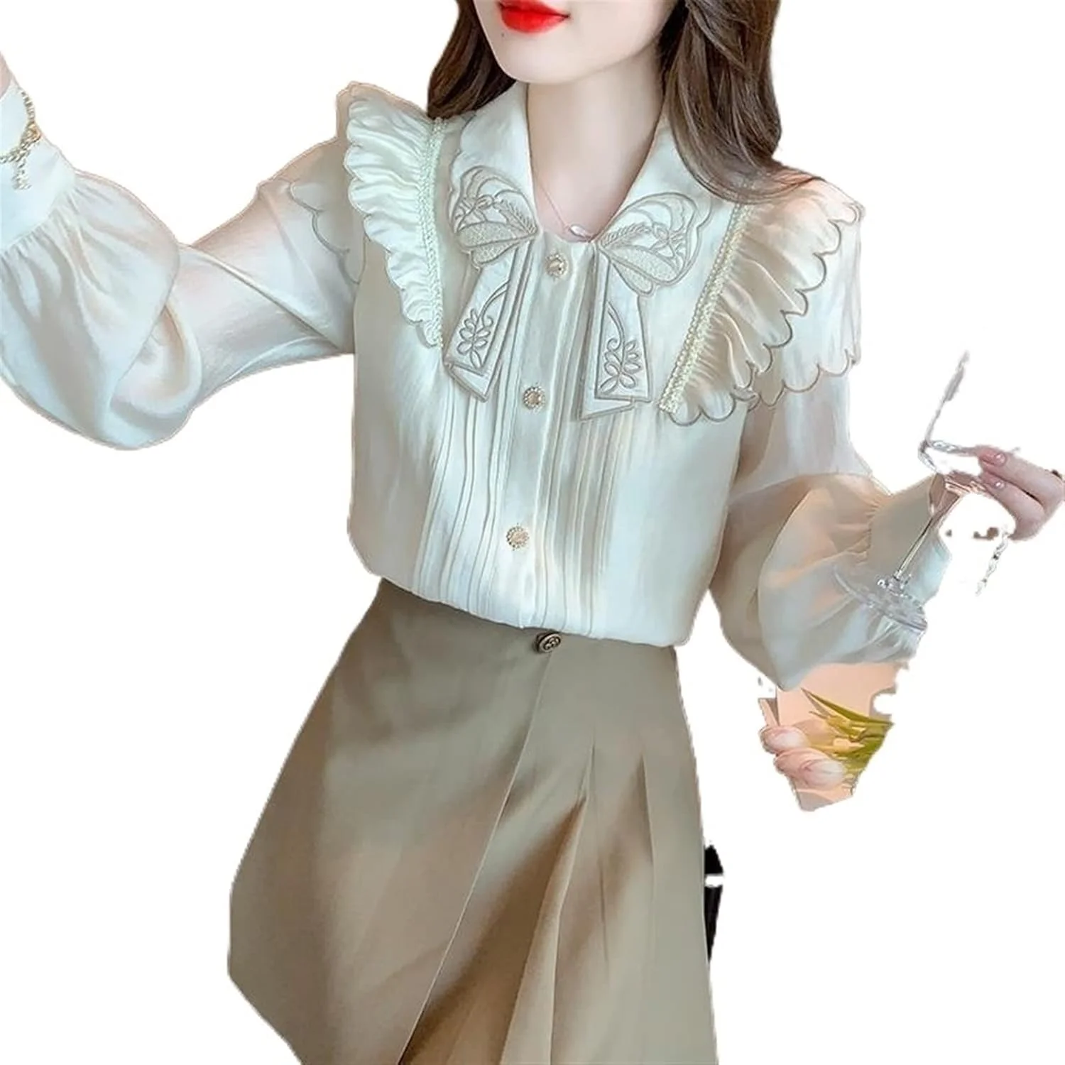 HHMMEDE بلوز و شومیز زنانه، پیراهن زنانه توری و جذاب، آستین بلند، پاپیون دار، بلوز ابریشمی، پیراهن دکمه دار شیرین