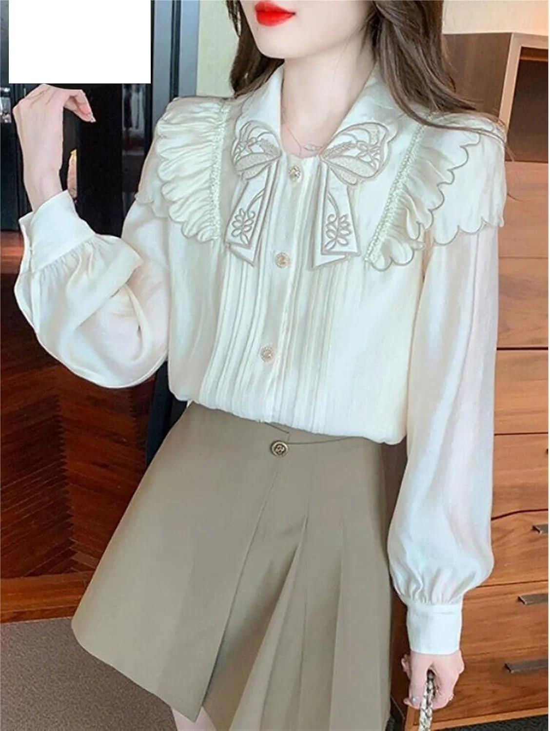 HHMMEDE بلوز و شومیز زنانه، پیراهن زنانه توری و جذاب، آستین بلند، پاپیون دار، بلوز ابریشمی، پیراهن دکمه دار شیرین