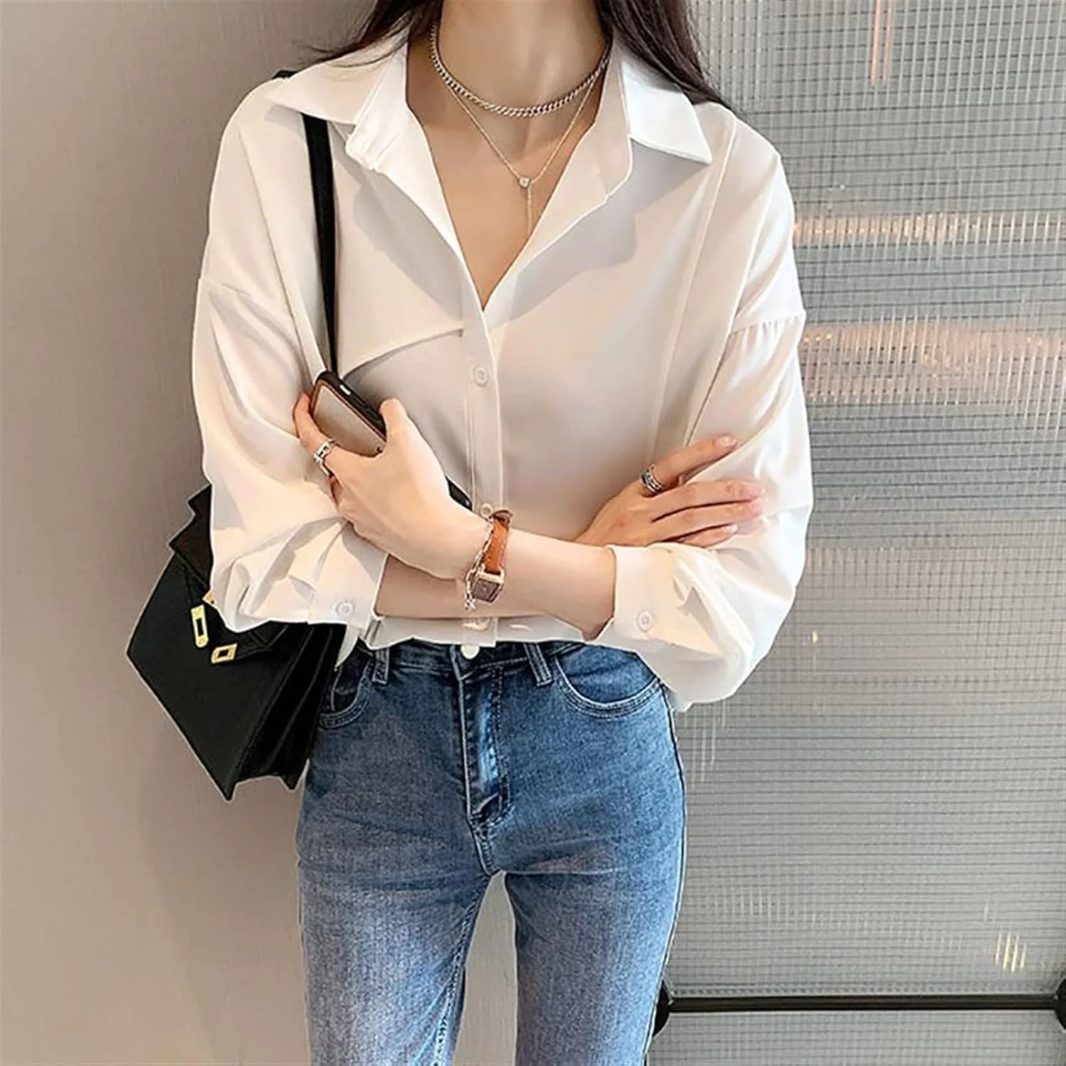 HHMMEDE بلوز و شومیز زنانه، پیراهن گشاد زنانه، پیراهن یقه دار، بلوز رنگ ثابت زنانه