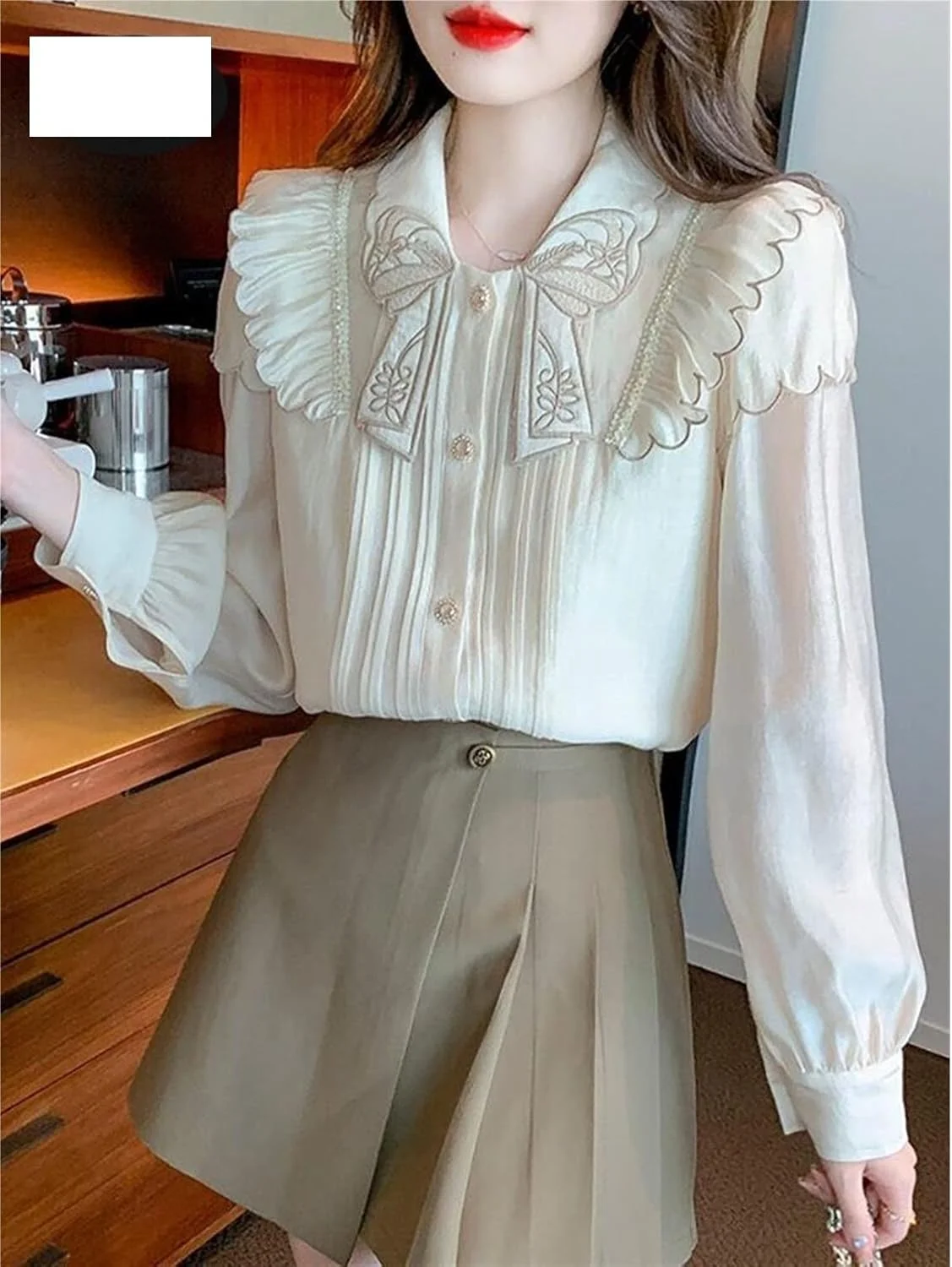 HHMMEDE بلوز و شومیز زنانه، پیراهن زنانه توری و جذاب، آستین بلند، پاپیون دار، بلوز ابریشمی، پیراهن دکمه دار شیرین