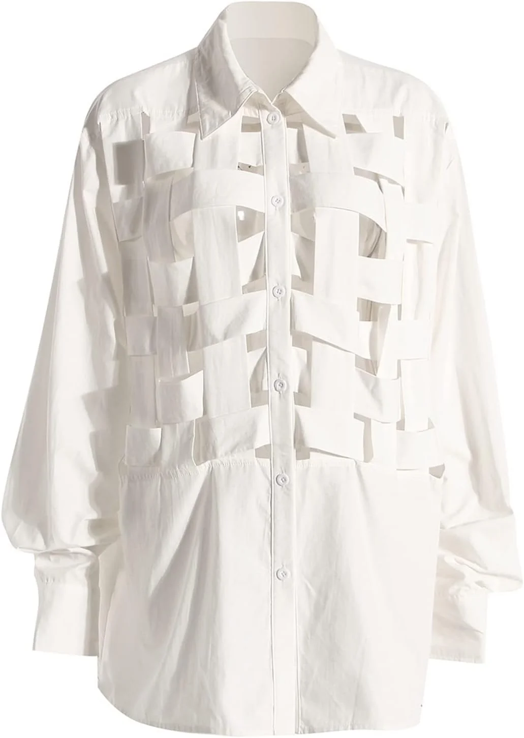HHMMEDE بلوز و پیراهن دکمه دار زنانه، یقه برگردان، آستین بلند گشاد، سفید رنگ
