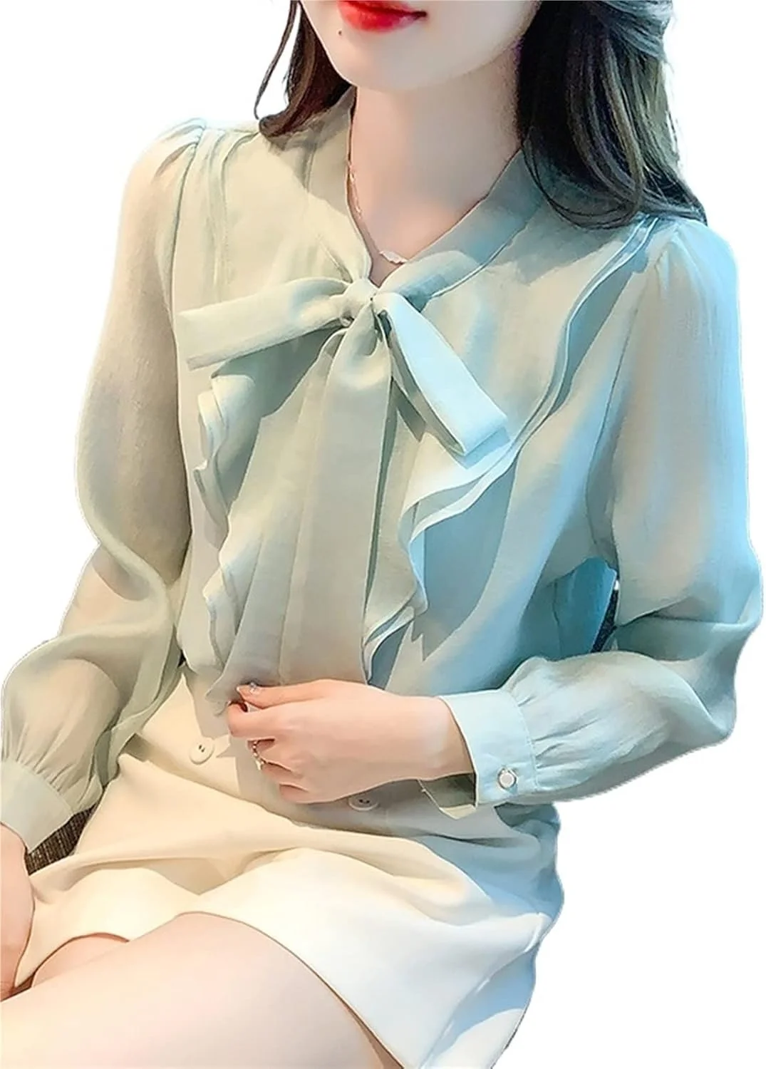 HHMMEDE بلوز و شومیز زنانه آستین بلند یقه کراواتی و طرح دار