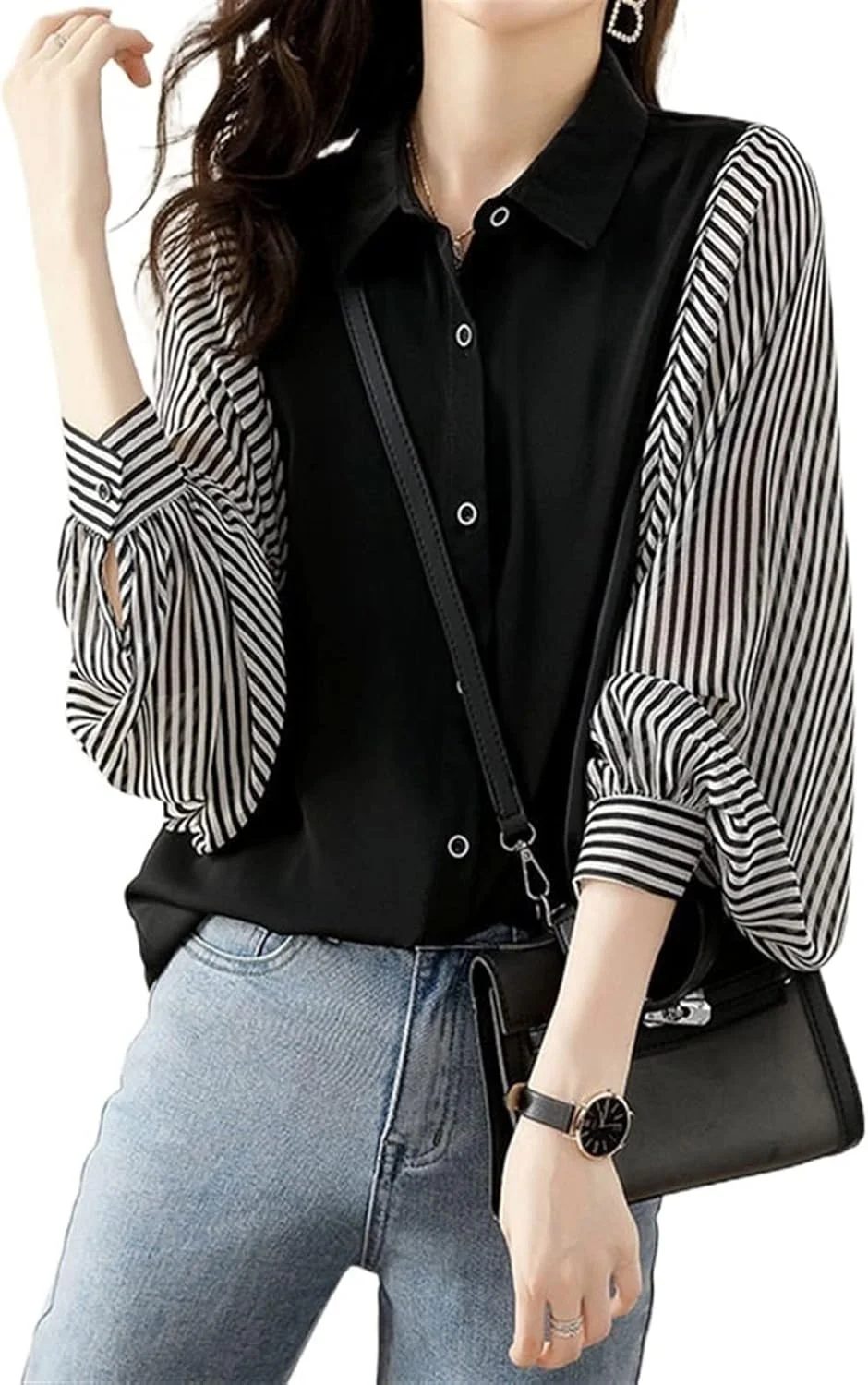 HHMMEDE بلوز و شومیز زنانه یقه گرد آستین فانوسی راه راه تکه دوزی شده مشکی مناسب بهار و رفت و آمد با بلوز تک سینه