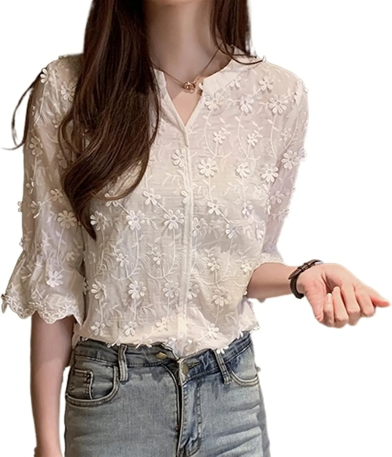 HHMMEDE بلوز و شومیز زنانه، پیراهن ظریف با گلدوزی برجسته، پیراهن توری سفید، پیراهن نخی آستین کوتاه طرح گل زنانه