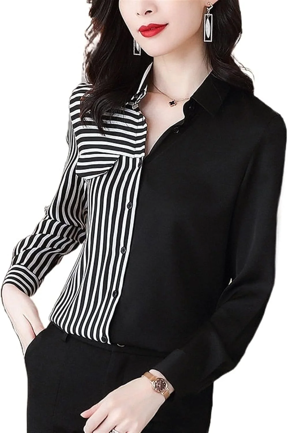 HHMMEDE بلوز و شومیز زنانه، پنل راه راه، آستین بلند، مدل دکمه دار بزرگ، تاپ شومیز زنانه گشاد و شیک (M)