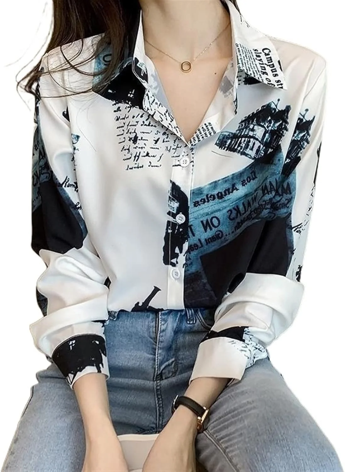 HHMMEDE بلوز و شومیز زنانه، طرح دار، دکمه دار، گشاد، پیراهن شیفون غیر رسمی، آستین بلند بزرگ، تاپ رفت و آمد زنانه، آستر دار