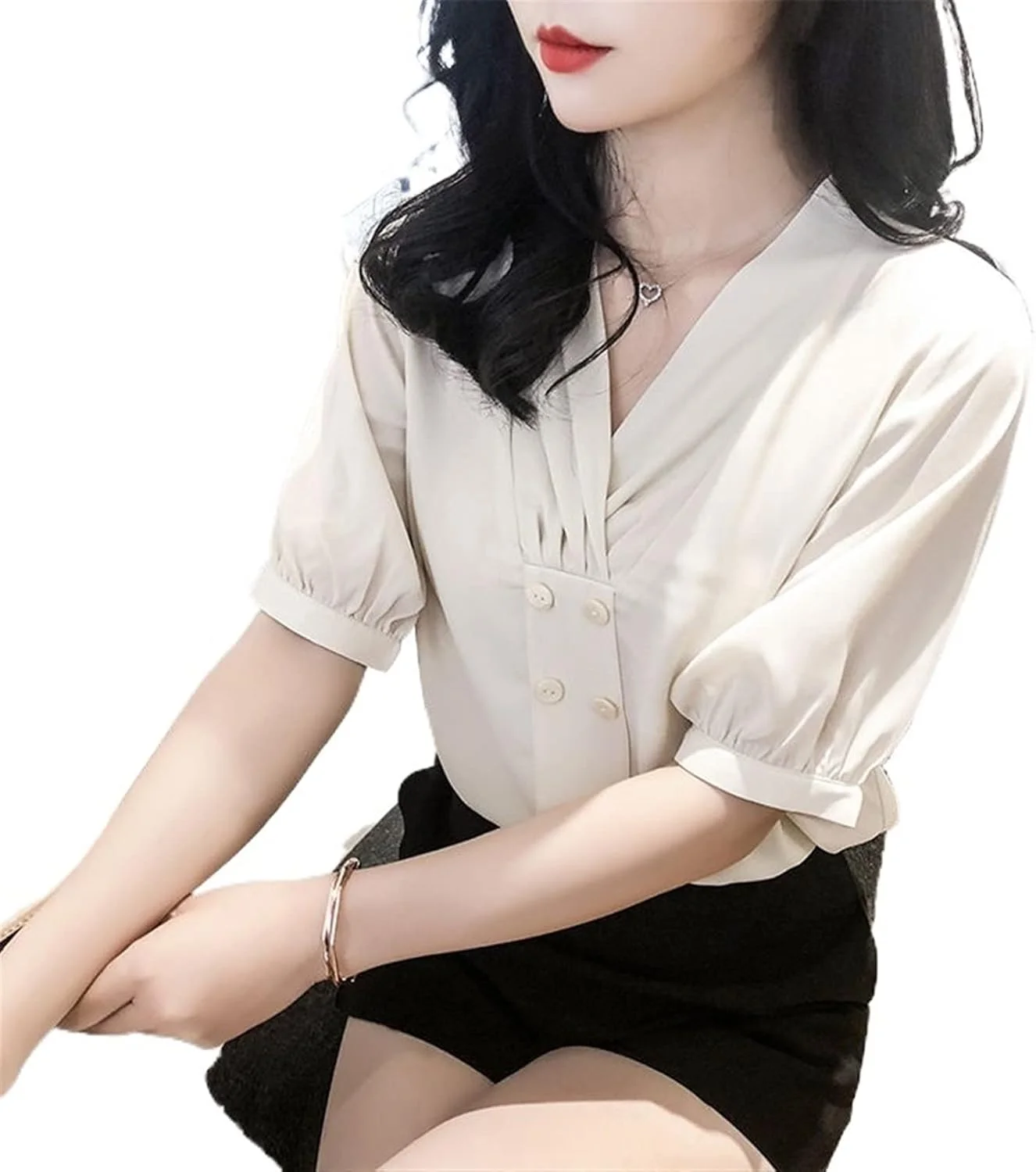 HHMMEDE بلوز و شومیز زنانه یقه هفت آستین کوتاه دکمه دار تاشو بزرگ سایز پیراهن شیفون تاپ رفت و آمد پیراهن گشاد زنانه