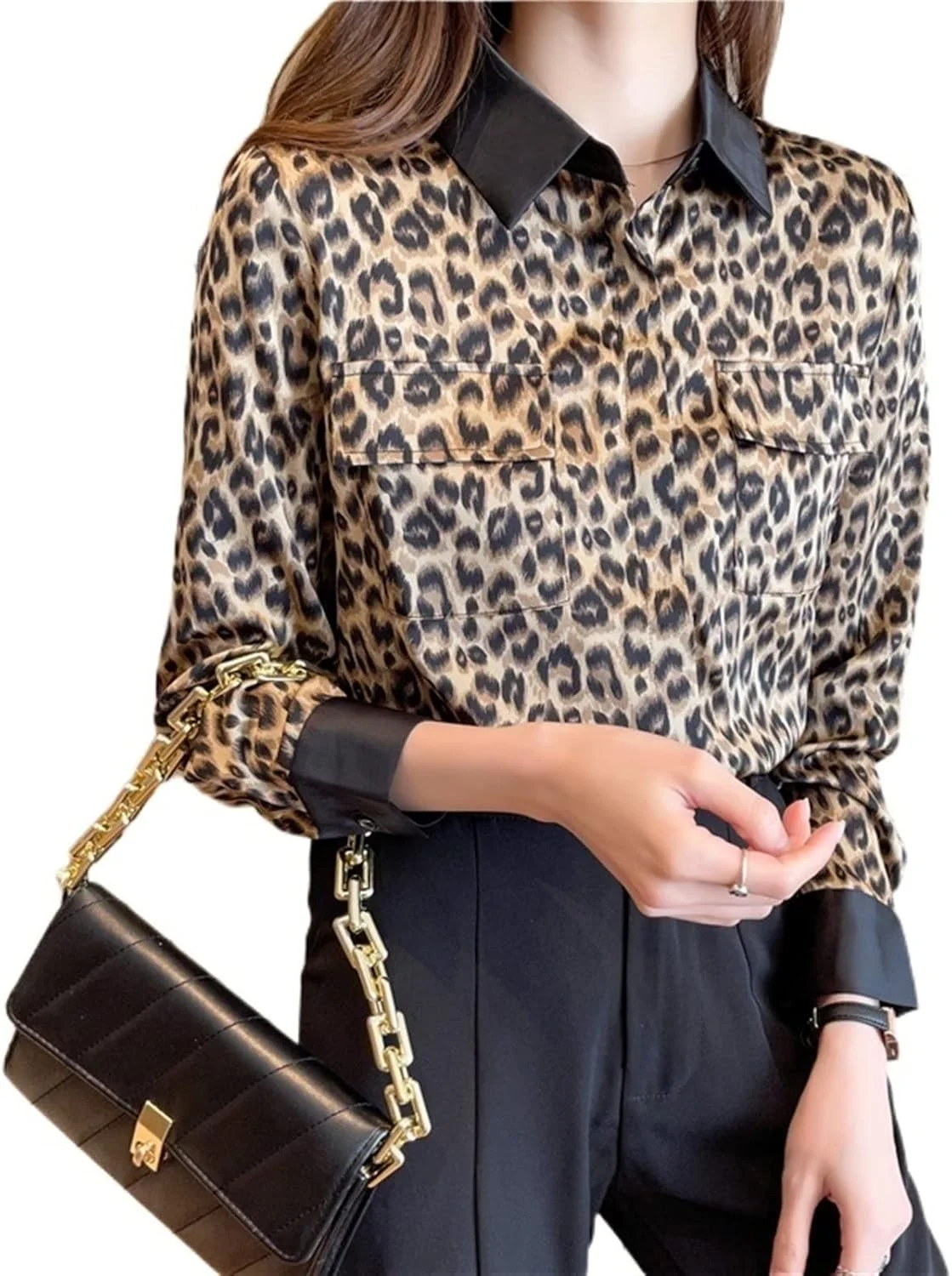 HHMMEDE بلوز و شومیز زنانه، شومیز زنانه، شومیز دکمه دار چاپی شیفون زنانه، شومیز جیب دار زنانه، شومیز پایه، شومیز آستین بلند