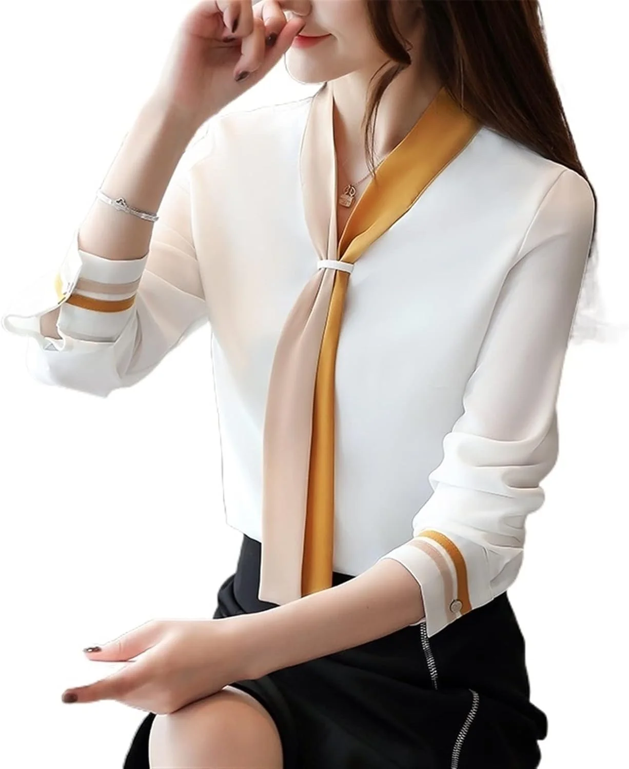 HHMMEDE بلوز و پیراهن دکمه دار زنانه، رنگ ثابت، آستین بلند گشاد، تاپ و پیراهن زنانه، تاپ شیفون شیک