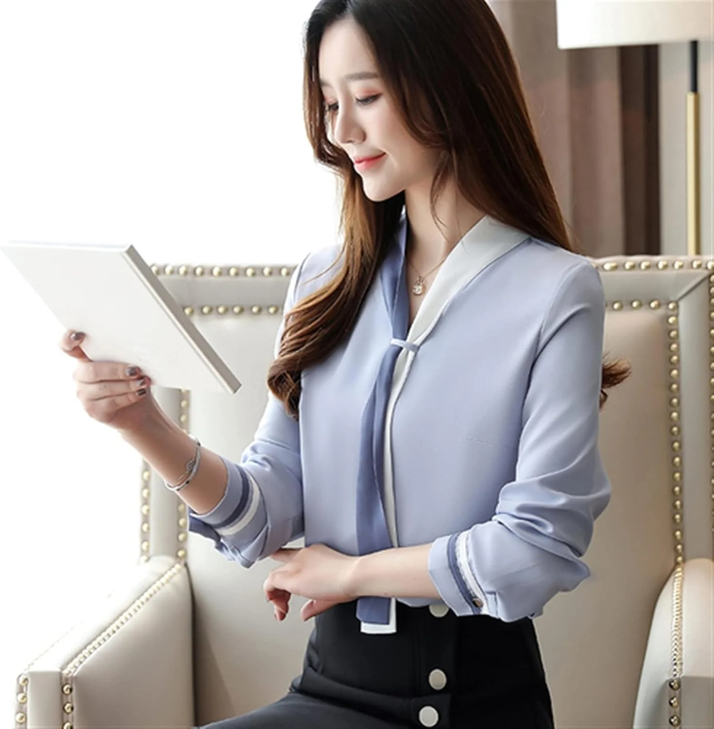 HHMMEDE بلوز و پیراهن دکمه دار زنانه، رنگ ثابت، آستین بلند گشاد، تاپ و پیراهن زنانه، تاپ شیفون شیک