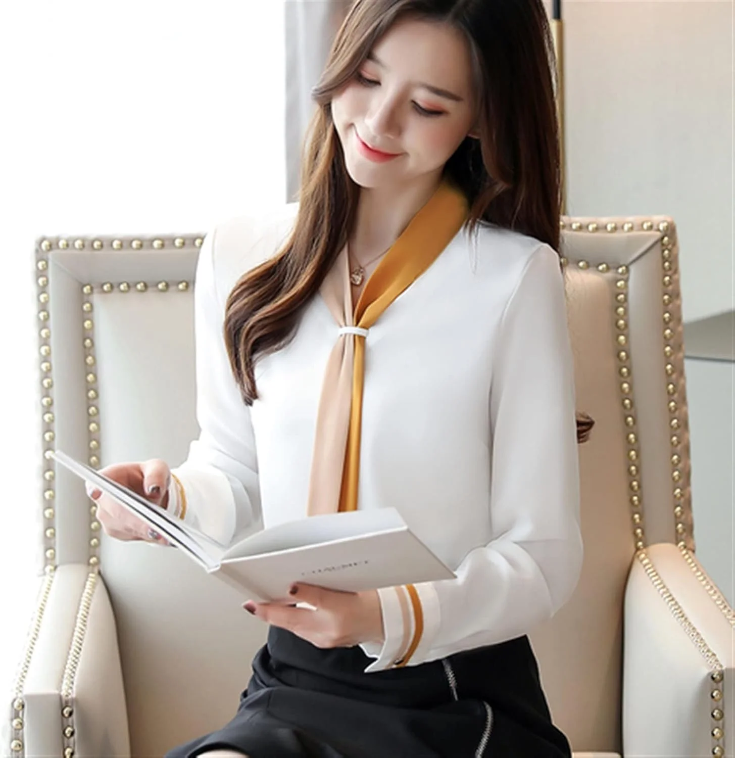 HHMMEDE بلوز و پیراهن دکمه دار زنانه، رنگ ثابت، آستین بلند گشاد، تاپ و پیراهن زنانه، تاپ شیفون شیک