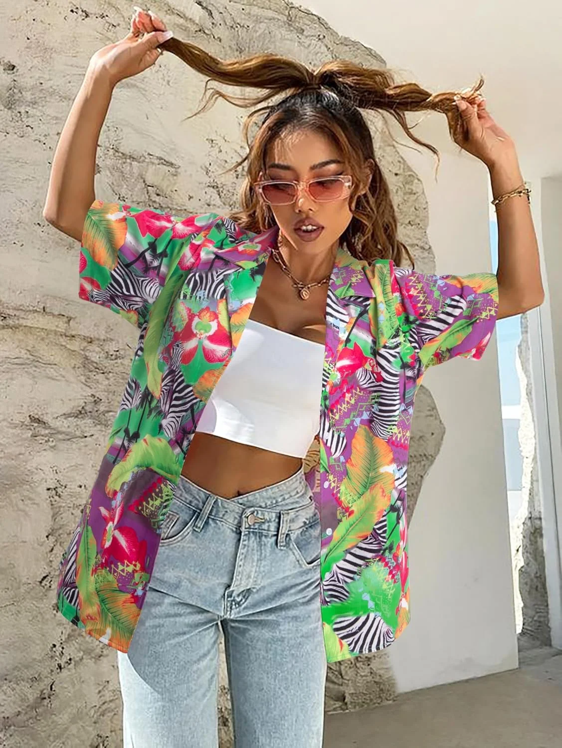 پیراهن های هاوایی زنانه ALLTB با طرح گل های گرمسیری، پیراهن های دکمه دار هاوایی، بلوز و تاپ های آستین کوتاه یقه هفت