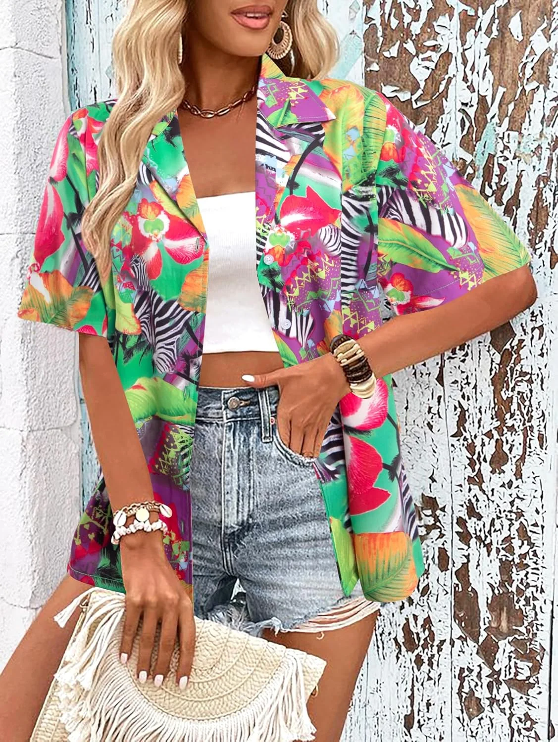 پیراهن های هاوایی زنانه ALLTB با طرح گل های گرمسیری، پیراهن های دکمه دار هاوایی، بلوز و تاپ های آستین کوتاه یقه هفت