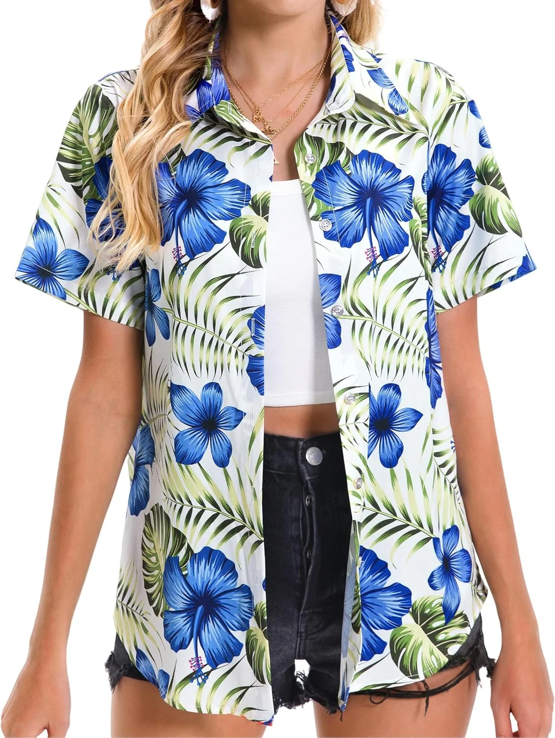 پیراهن زنانه هاوایی نرم و خنک تابستانی، طرح گلدار گرمسیری، یقه هفت، آستین کوتاه، دکمه دار