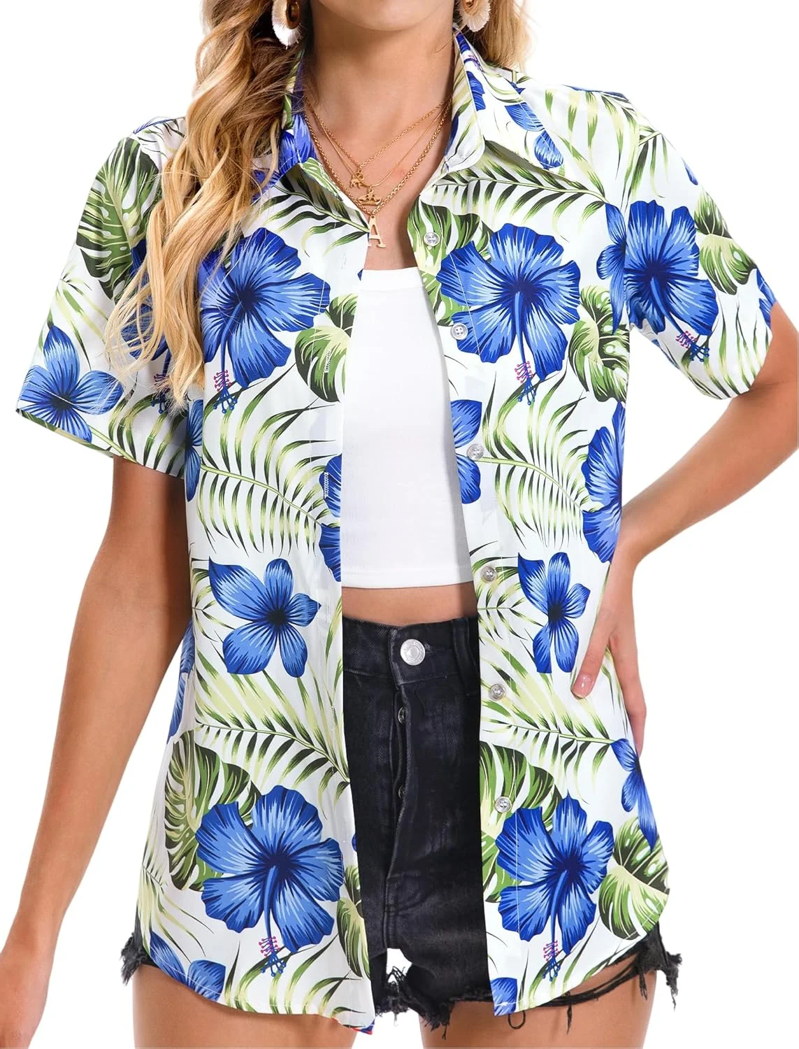 پیراهن زنانه هاوایی نرم و خنک تابستانی، طرح گلدار گرمسیری، یقه هفت، آستین کوتاه، دکمه دار