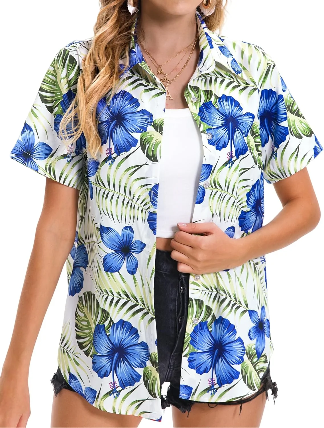 پیراهن زنانه هاوایی نرم و خنک تابستانی، طرح گلدار گرمسیری، یقه هفت، آستین کوتاه، دکمه دار