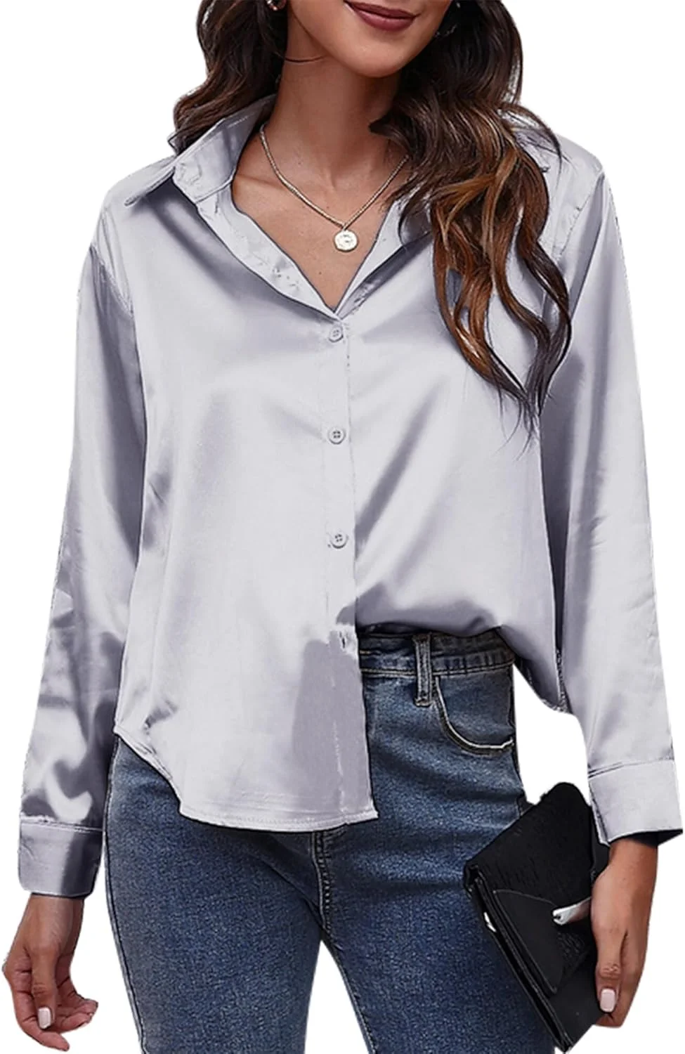 پیراهن ساتن زنانه هپی چری آستین بلند، بلوزهای غیر رسمی دکمه دار یقه هفت ابریشمی مناسب کار در دفتر و تاپ های تابستانی