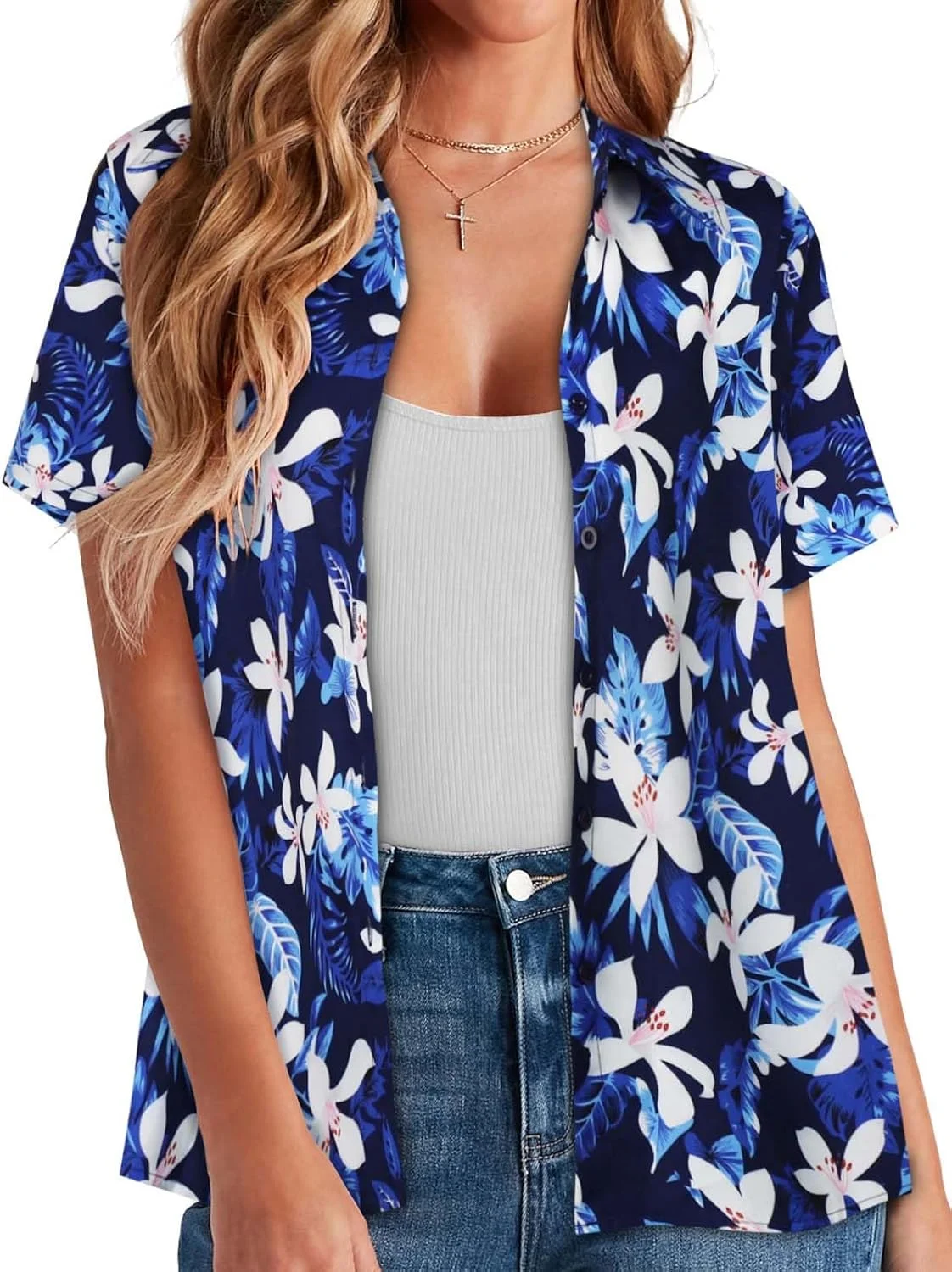 پیراهن زنانه هاوایی دکمه دار تاپ های تابستانی ساحلی خنک آستین کوتاه یقه هفت بلوز