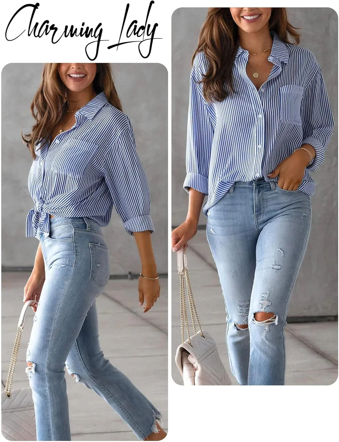 هپی چری بلوز راه راه زنانه لینن آستین بلند دکمه دار تونیک پیراهن غیر رسمی شیک یقه هفت بلوز پیراهن پایه تاپ های اداری شیک